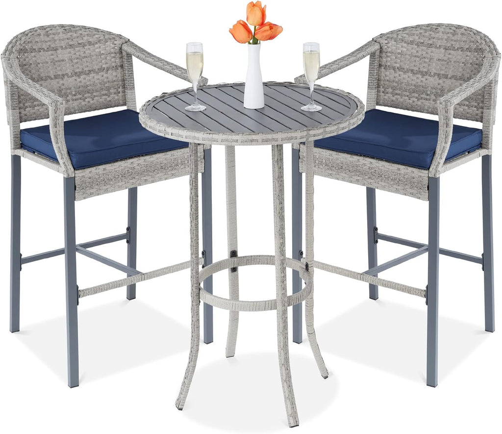 Best Choice Products 3-Piece Patio Bar Table Set, Outdoor Wicker Bar Height Bistro Furniture for Backyard, Poolside, Balcony w/Barstools, Cushions, Steel Frame – Gray/Blue