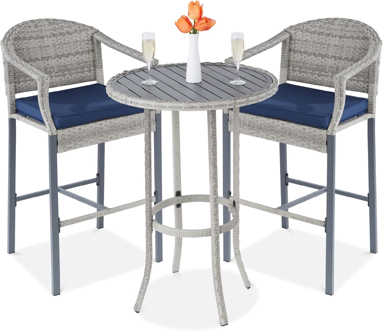Best Choice Products 3-Piece Patio Bar Table Set, Outdoor Wicker Bar Height Bistro Furniture for Backyard, Poolside, Balcony w/Barstools, Cushions, Steel Frame – Gray/Blue