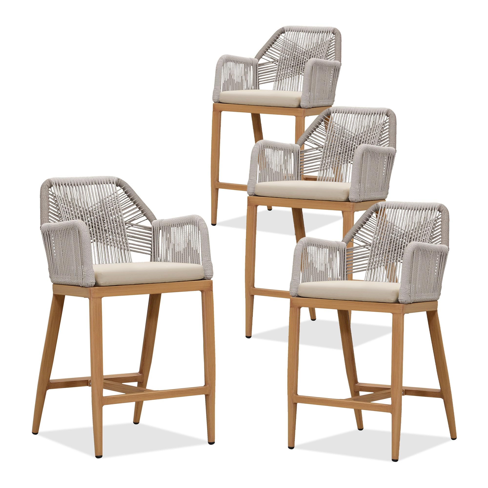 PURPLE LEAF Patio Sunbrella Counter Height Bar Stools 24" H Set of 2 Modern Rattan Bar Chairs Aluminum Stool Outdoor Wicker Barstools with Back and Cushion for Garden Kitchen Island