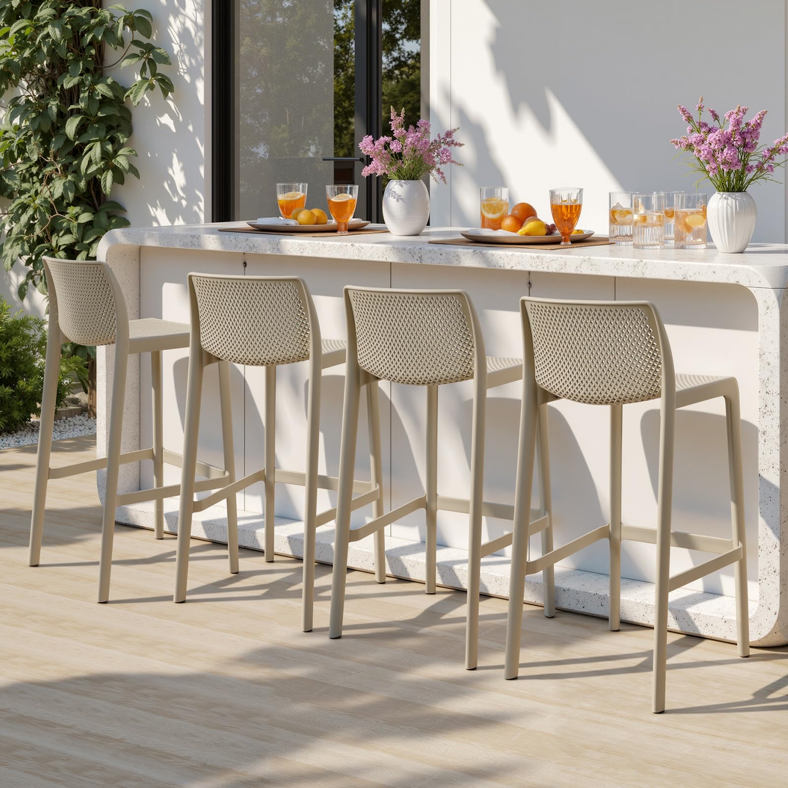 4 Pack White Stackable 30" Plastic Bar Stools with Backs Indoor Outdoor Use...