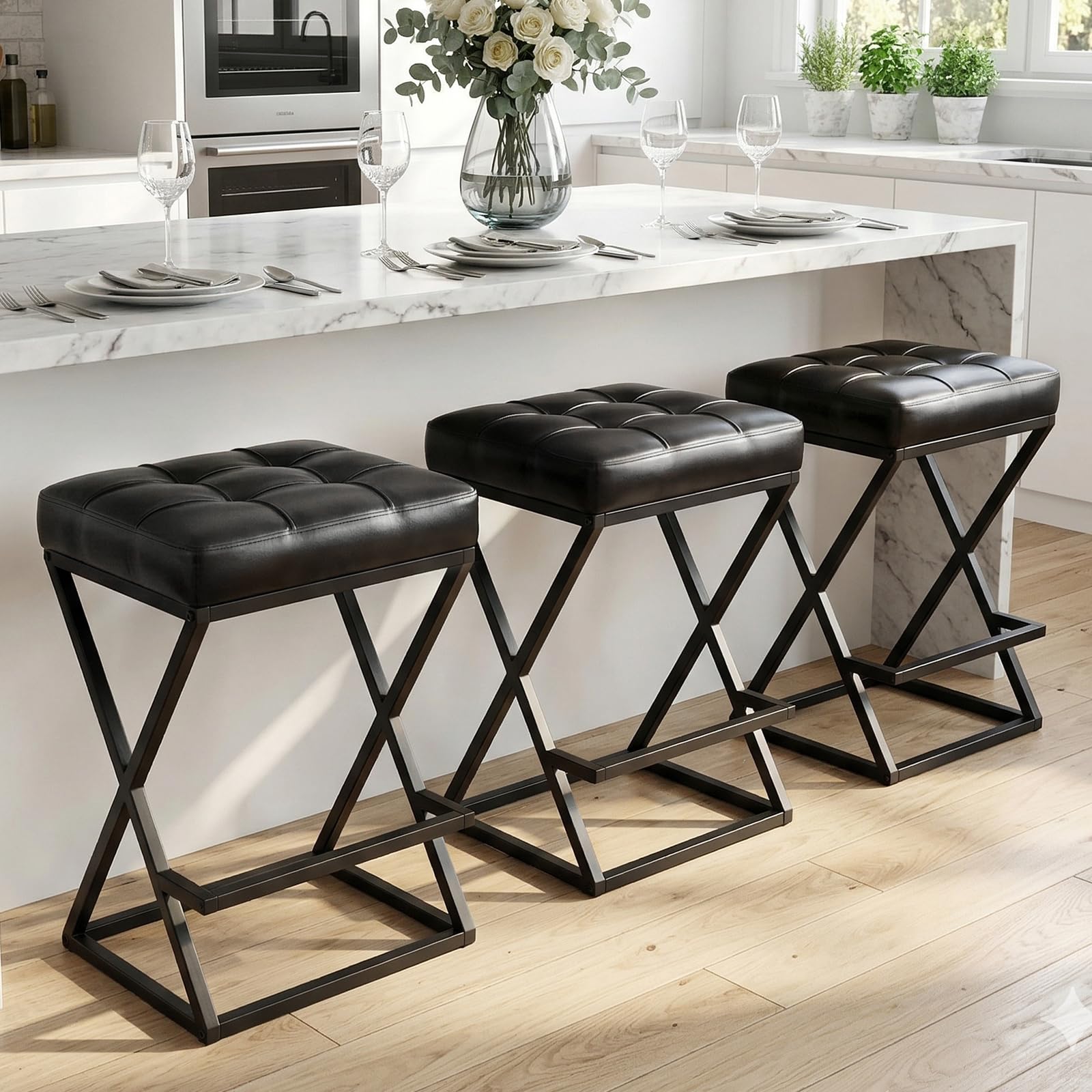 2 Pack Walnut Brown Faux Leather Backless Counter Stools with Metal X Frame Legs