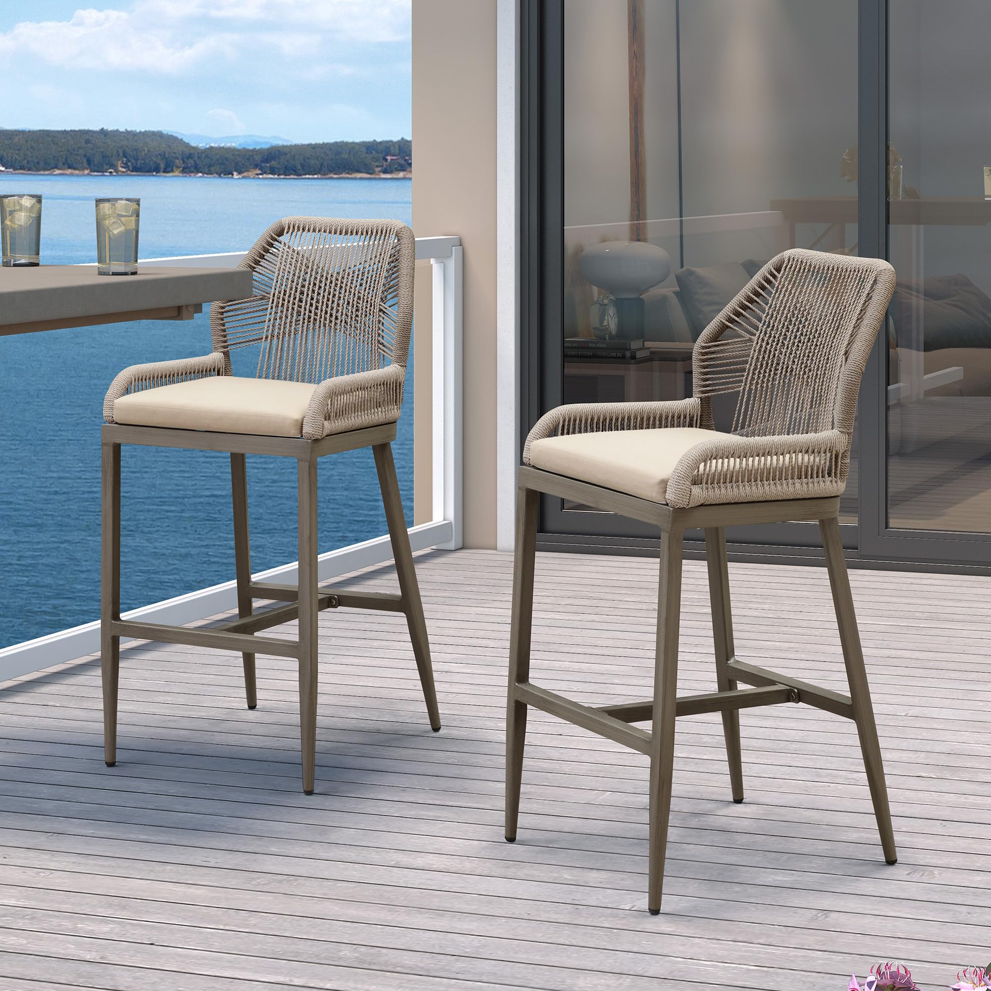 PURPLE LEAF Patio Sunbrella Counter Height Bar Stools 24" H Set of 2 Modern Rattan Bar Chairs Aluminum Stool Outdoor Wicker Barstools with Back and Cushion for Garden Kitchen Island