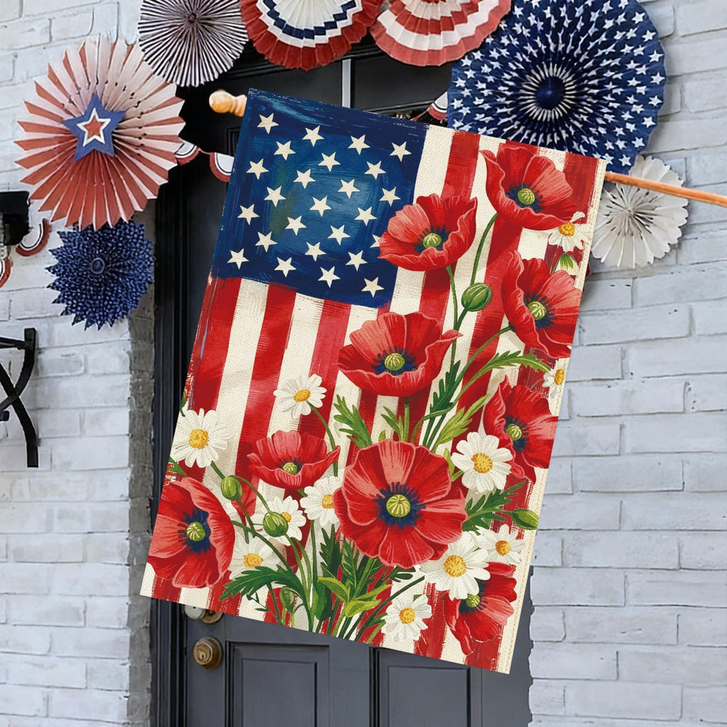 Baccessor 4th of July American House Flag 28x40 Inch Double Sided Burlap,Patriotic Memorial Day the Stars and Stripes Floral Flowers Summer Porch Holiday Seasonal Outdoor Outside Decoration