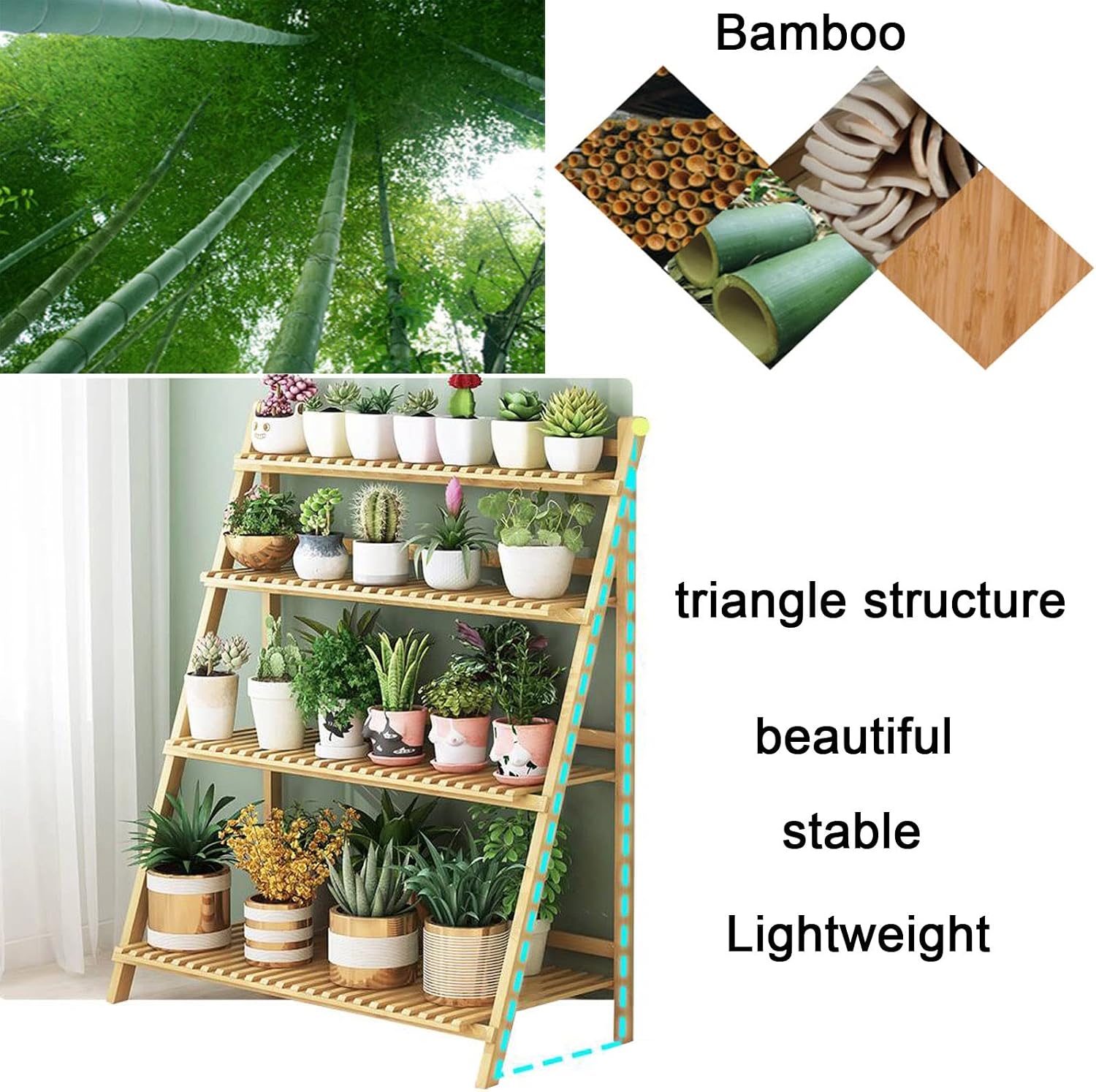 LIGUOYI 4-Tier Ladder Plant Stand, Multi Plant Pot Holder Bamboo Garden Shelves Storage Organizer Rack, 4 Colors Folding Flower Plant Stand Display Rack for Patio Garden Living Room