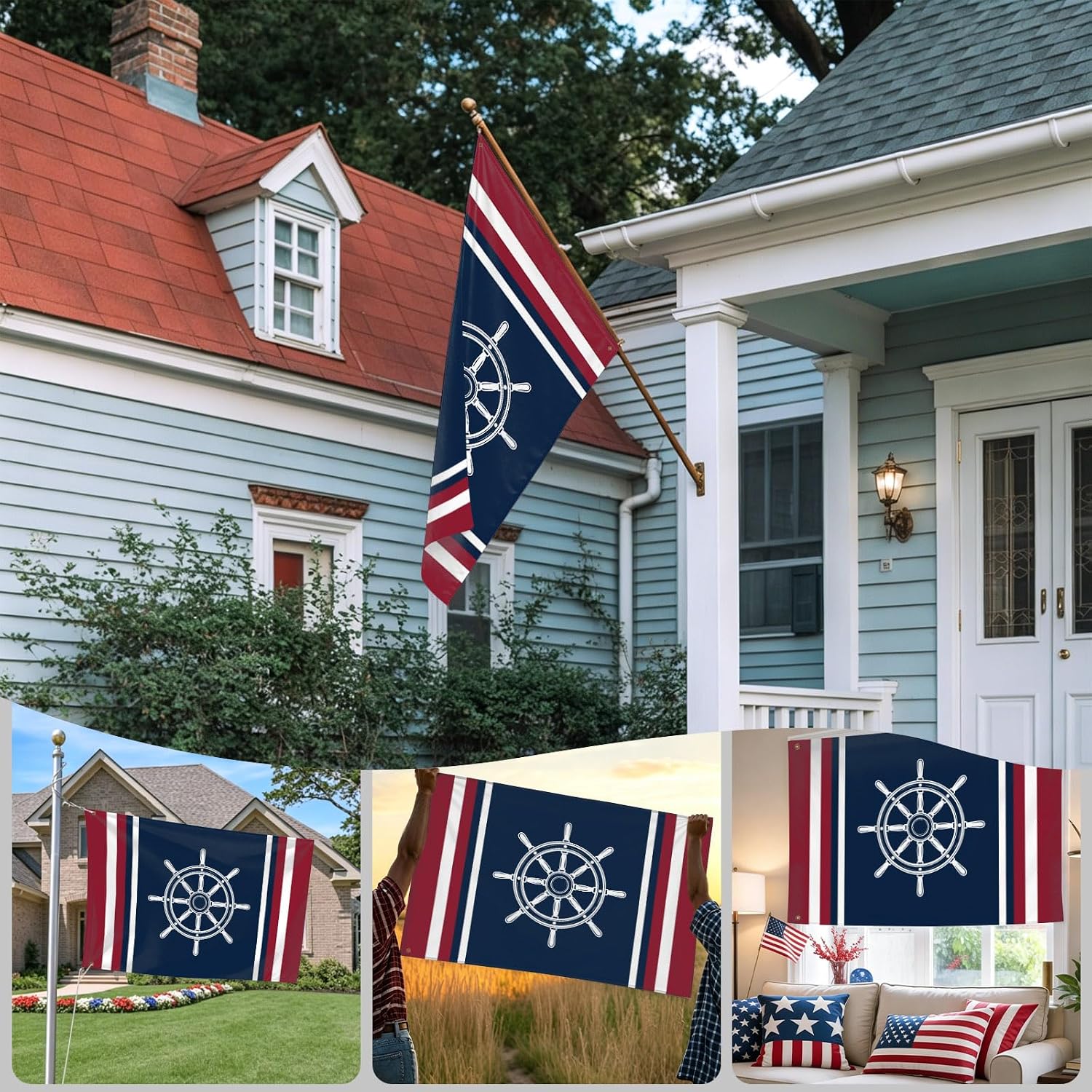 Flags for Outside 3x5 ft Nautical Coastal Outdoor Flags Double Sided Grommets House Banner Navy Blue Red Stripes Patio Yard Flag for Outdoor Flying Party Porch Garden Decorations Indoor
