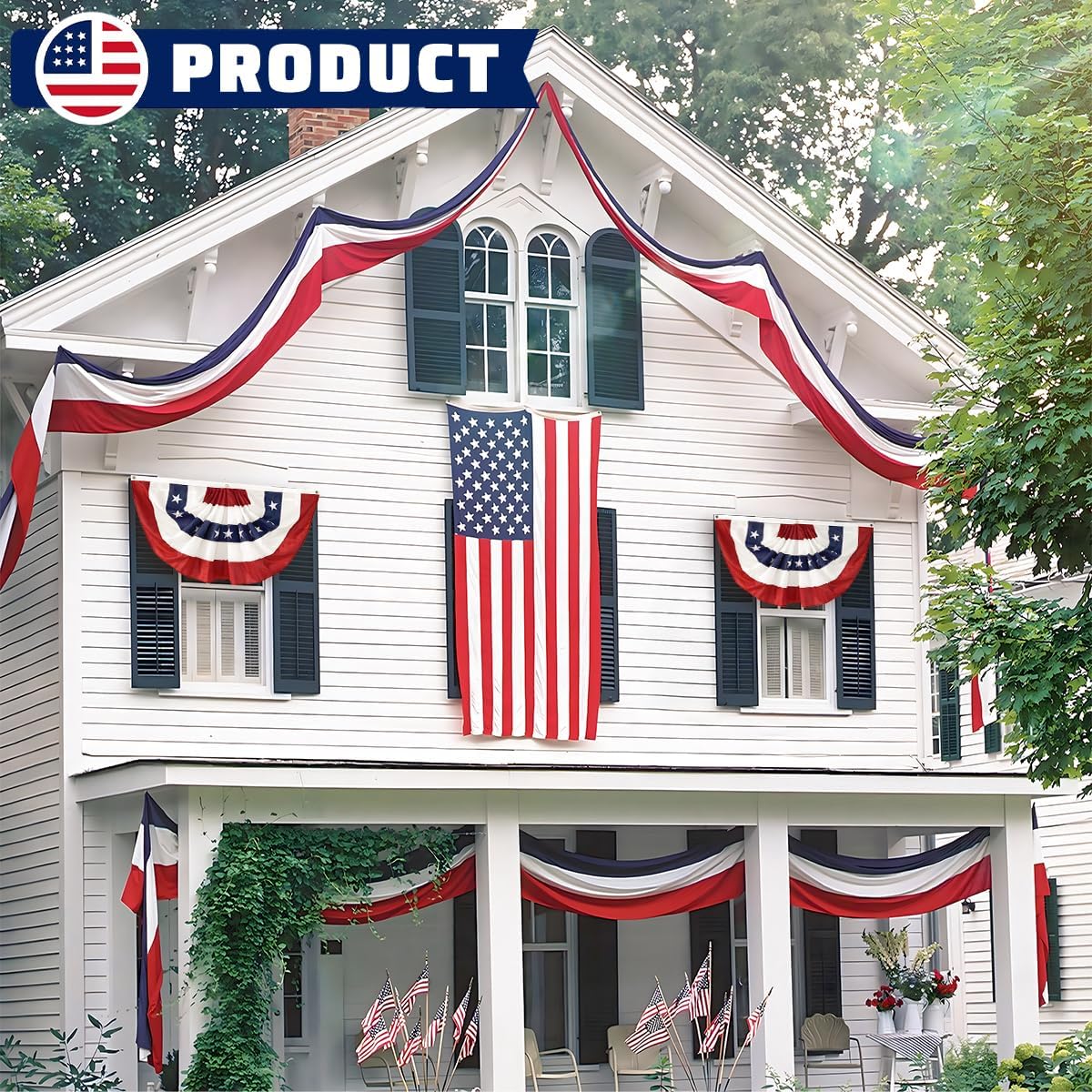 3 Pack Patriotic Red White Blue USA Bunting Banner for 4th of July & Memorial Day Outdoor Decor