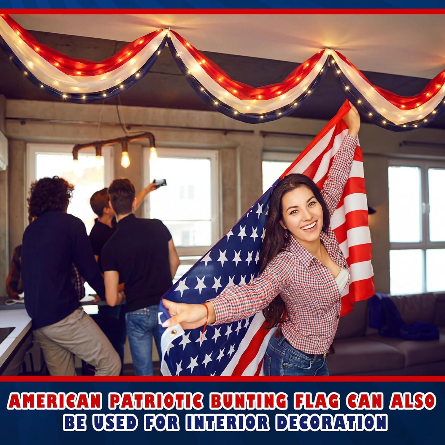 Tegeme 2 Pack 20 ft x 1.6 ft Lighted American Bunting Flag 4th of July Decor Red White Blue Patriotic Banner American Flag Lights for 250th Anniversary Independence Day Outside Yard Decor(Stripes)