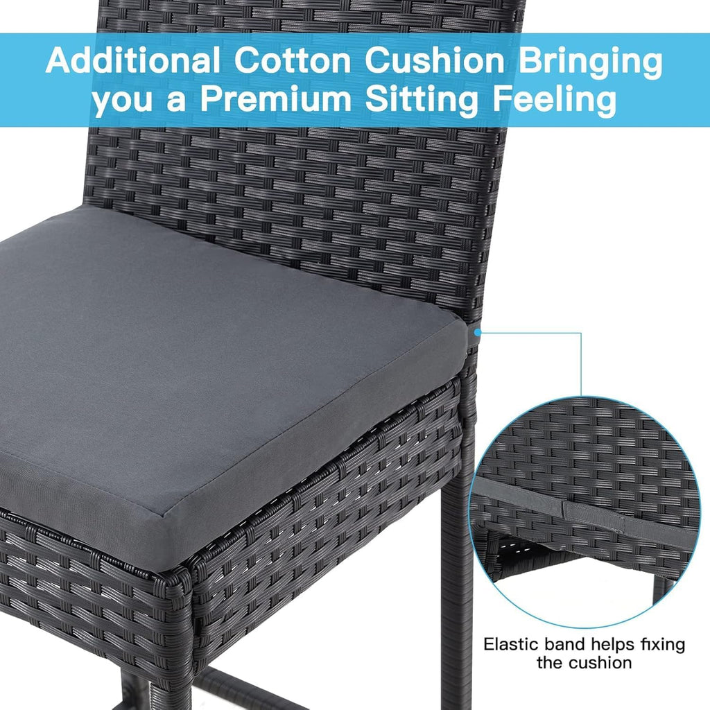ECOTOUGE Rattan Bar Stools Set of 2, Outdoor Wicker Barstools Counter Height with Cushion for Lawn, Balcony, Garden, Black