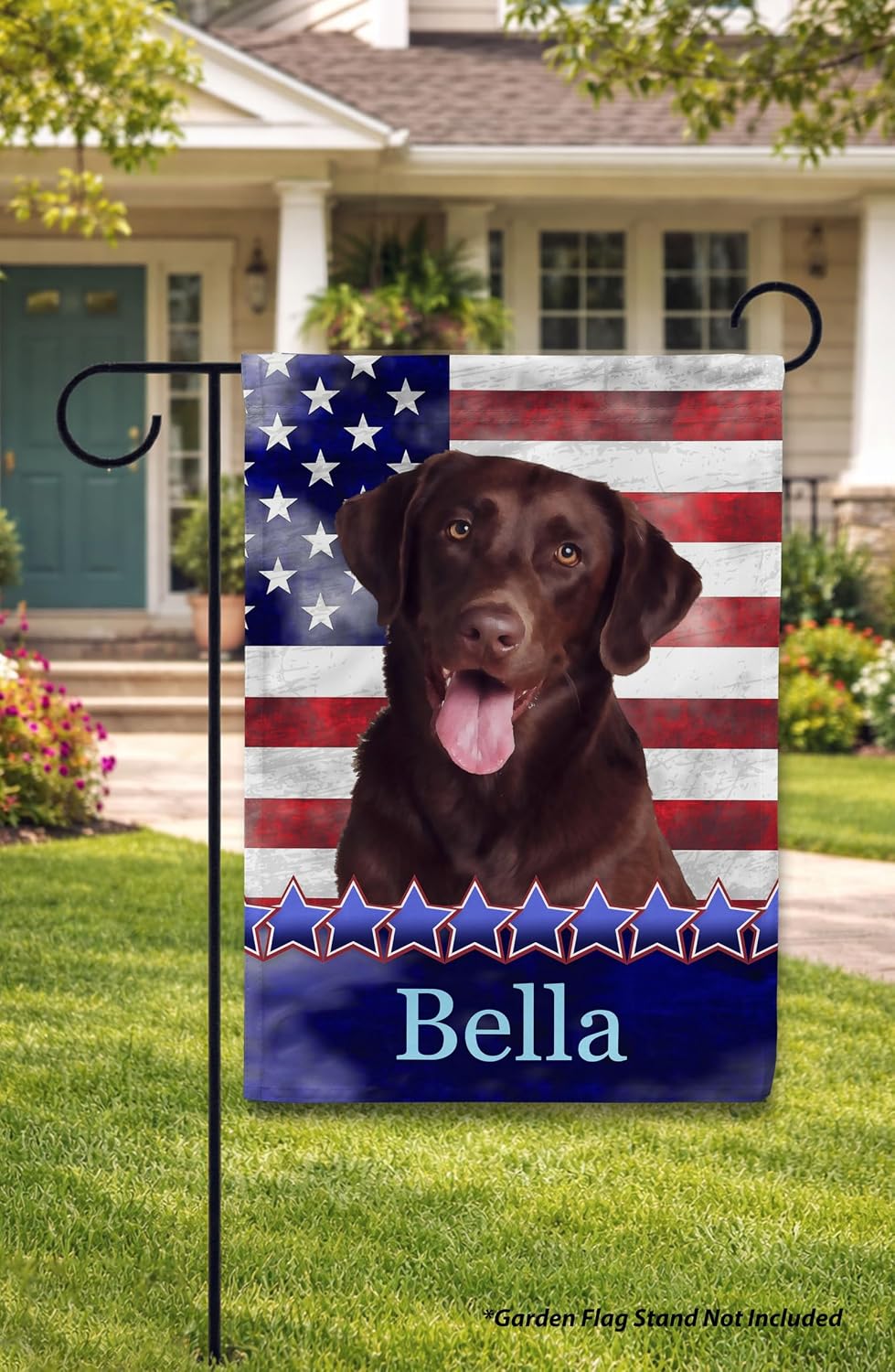 Flagology, Personalized Chocolate Labrador Retriever Patriotic Garden Flag 12" x 18", Custom Dog Name American Flag, Fourth of July Outdoor Lawn Décor, Stars and Stripes