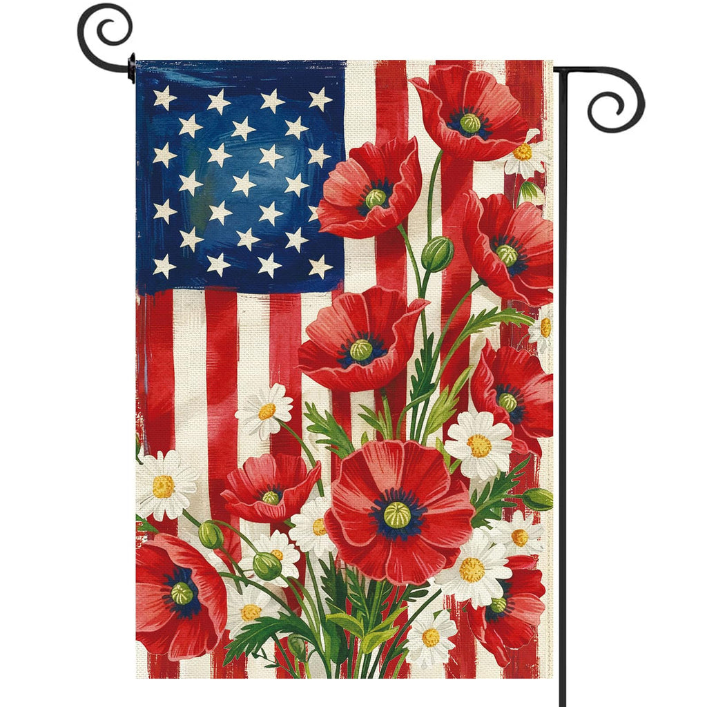 Baccessor 4th of July American House Flag 28x40 Inch Double Sided Burlap,Patriotic Memorial Day the Stars and Stripes Floral Flowers Summer Porch Holiday Seasonal Outdoor Outside Decoration