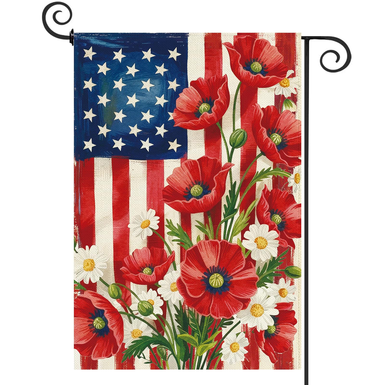 Baccessor 4th of July American House Flag 28x40 Inch Double Sided Burlap,Patriotic Memorial Day the Stars and Stripes Floral Flowers Summer Porch Holiday Seasonal Outdoor Outside Decoration