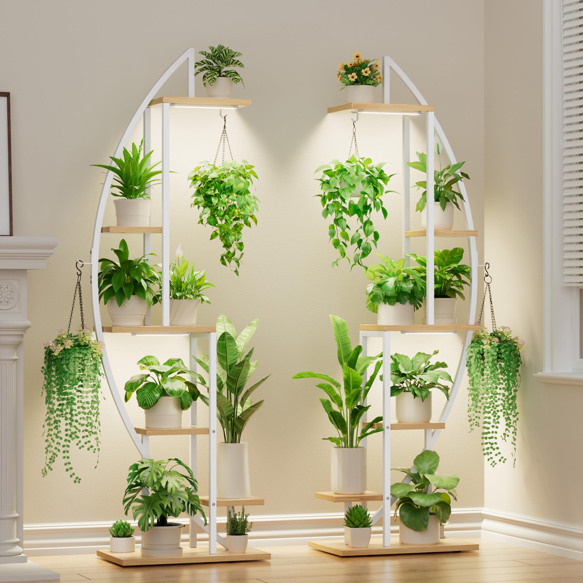 2 Pcs Half-Moon 6-Tier Tall Metal Plant Stand with Grow Lights for Indoor Plant Display