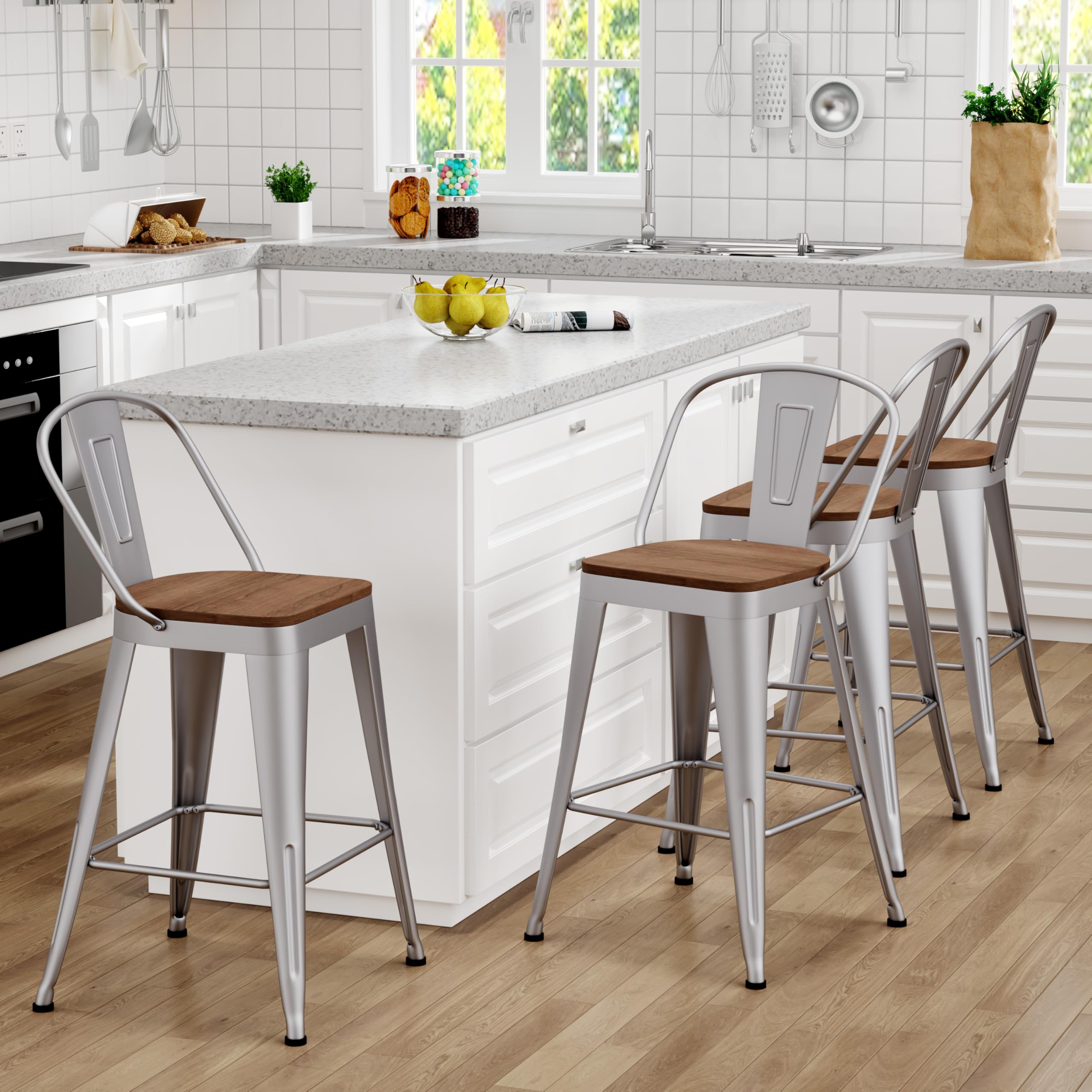 26 inch Bar Stools Set of 4, Black Metal High Back Counter Height Barstools with Large Wooden Seat Modern Farmhouse Kitchen Bar Chairs