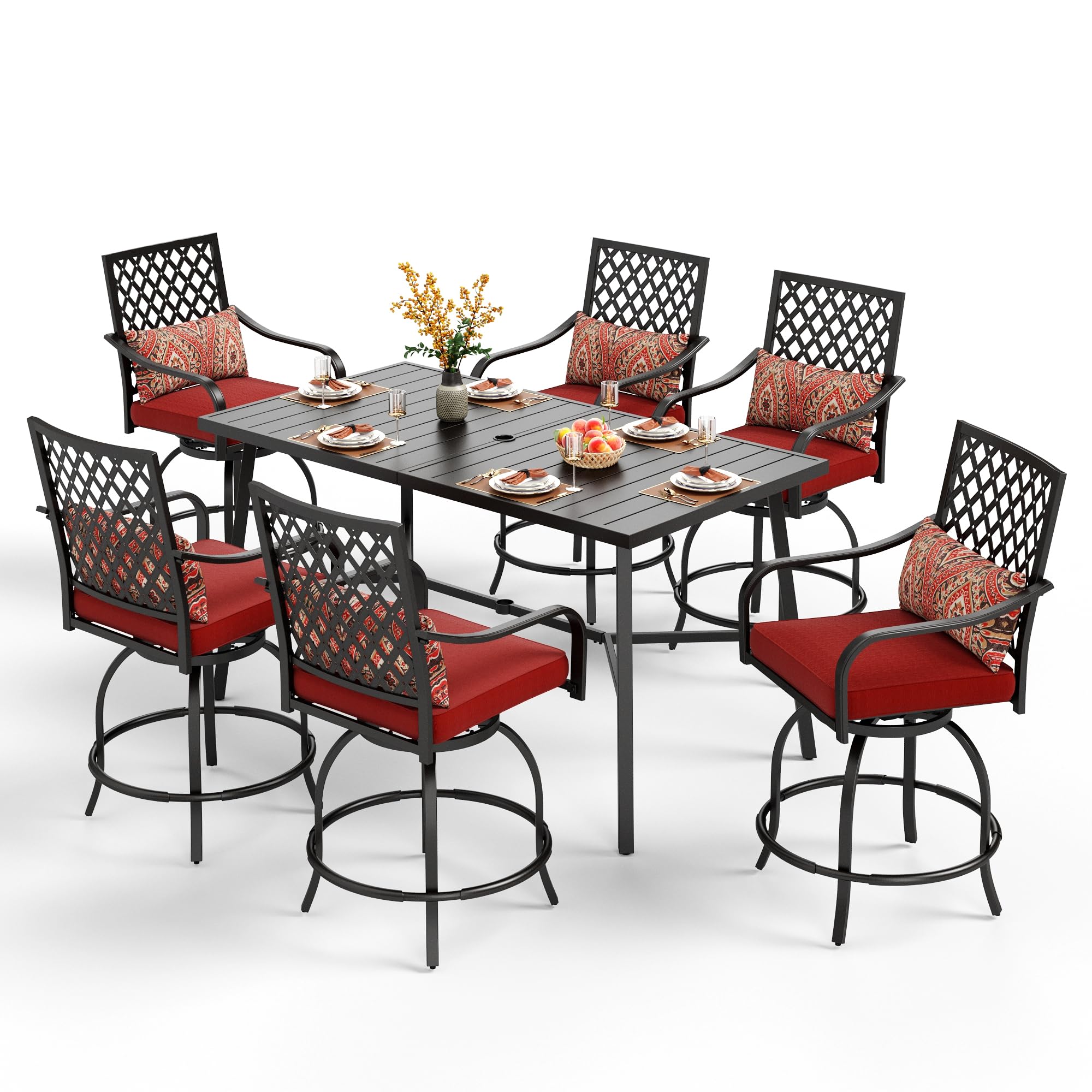 PHI VILLA 7 Piece Outdoor Bar Set, Counter Height Patio Bar Furniture Rectangle Dining Table and 6 Swivel Bar Stools Chairs with Brown Textilene Fabric for Garden,Yard and Deck