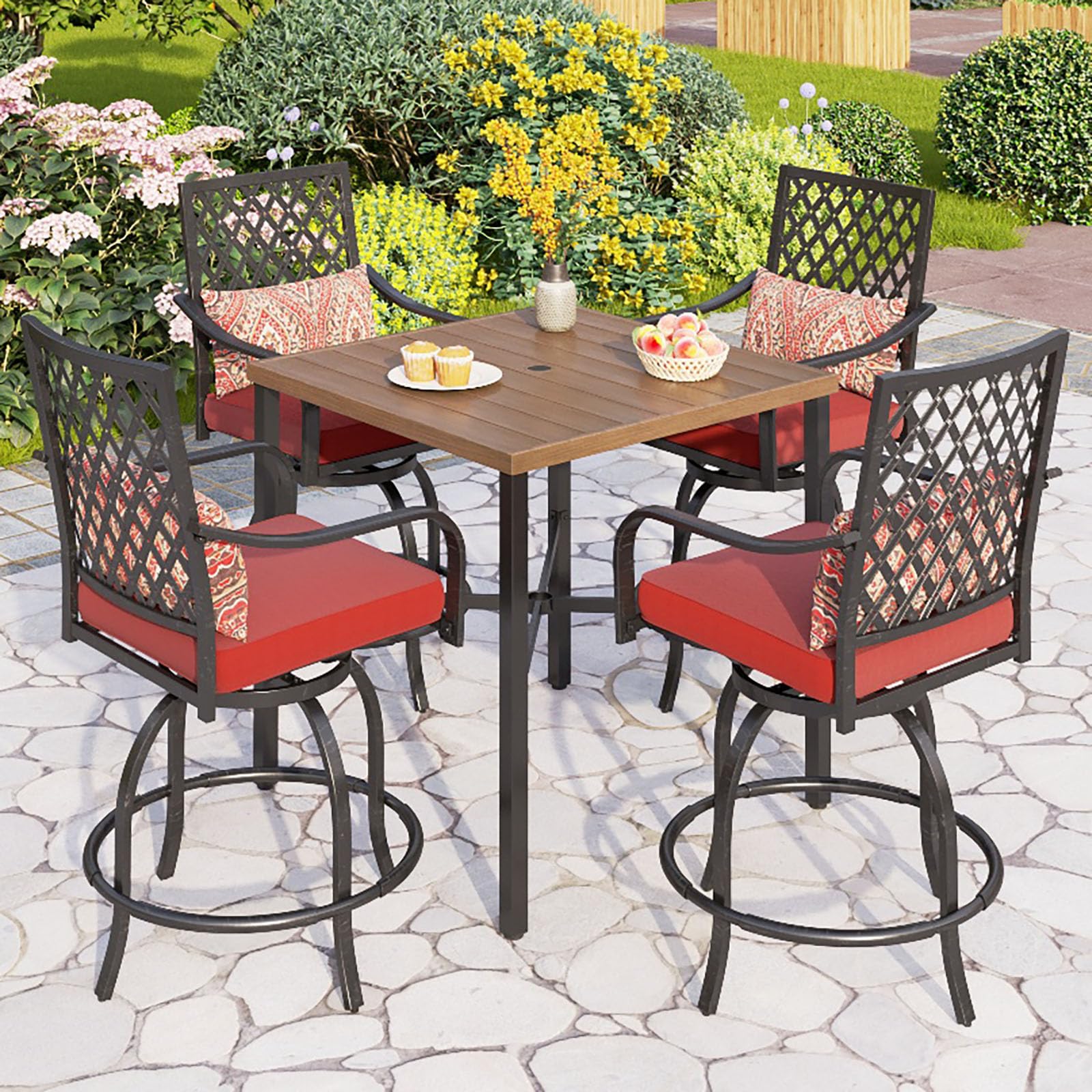 PHI VILLA 7 Piece Outdoor Bar Set, Counter Height Patio Bar Furniture Rectangle Dining Table and 6 Swivel Bar Stools Chairs with Brown Textilene Fabric for Garden,Yard and Deck