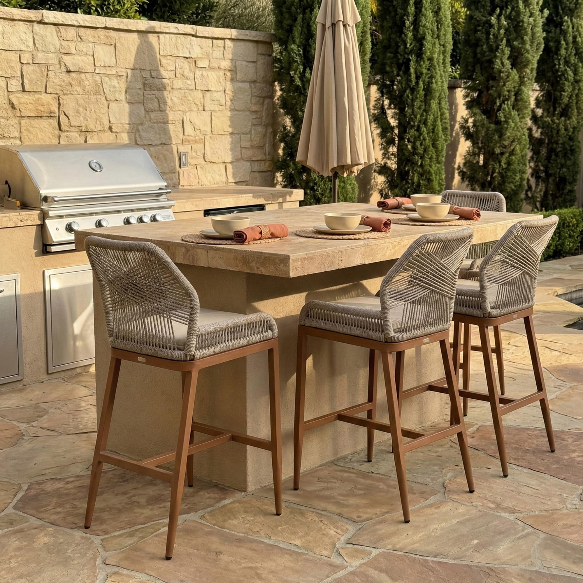 PURPLE LEAF Patio Sunbrella Counter Height Bar Stools 24" H Set of 2 Modern Rattan Bar Chairs Aluminum Stool Outdoor Wicker Barstools with Back and Cushion for Garden Kitchen Island