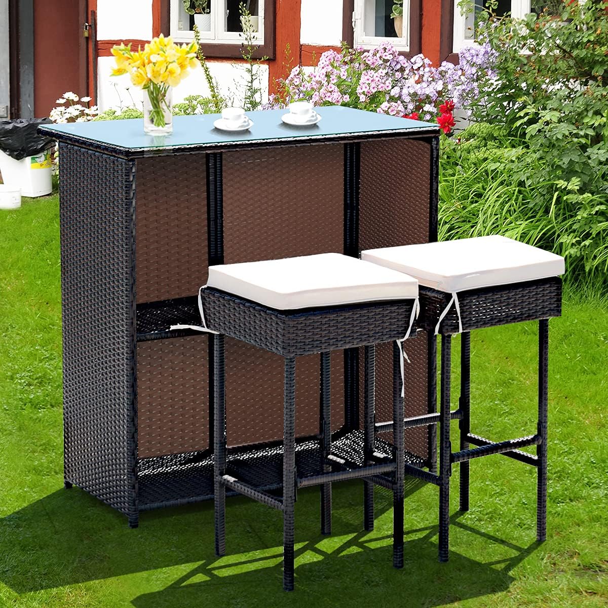 DORTALA 3 Pieces Rattan Patio Bar Table & Stool Set, Patio Furniture Set for Lawn Pool Backyard Front Porch, Dining Set w/Cushion, Beige