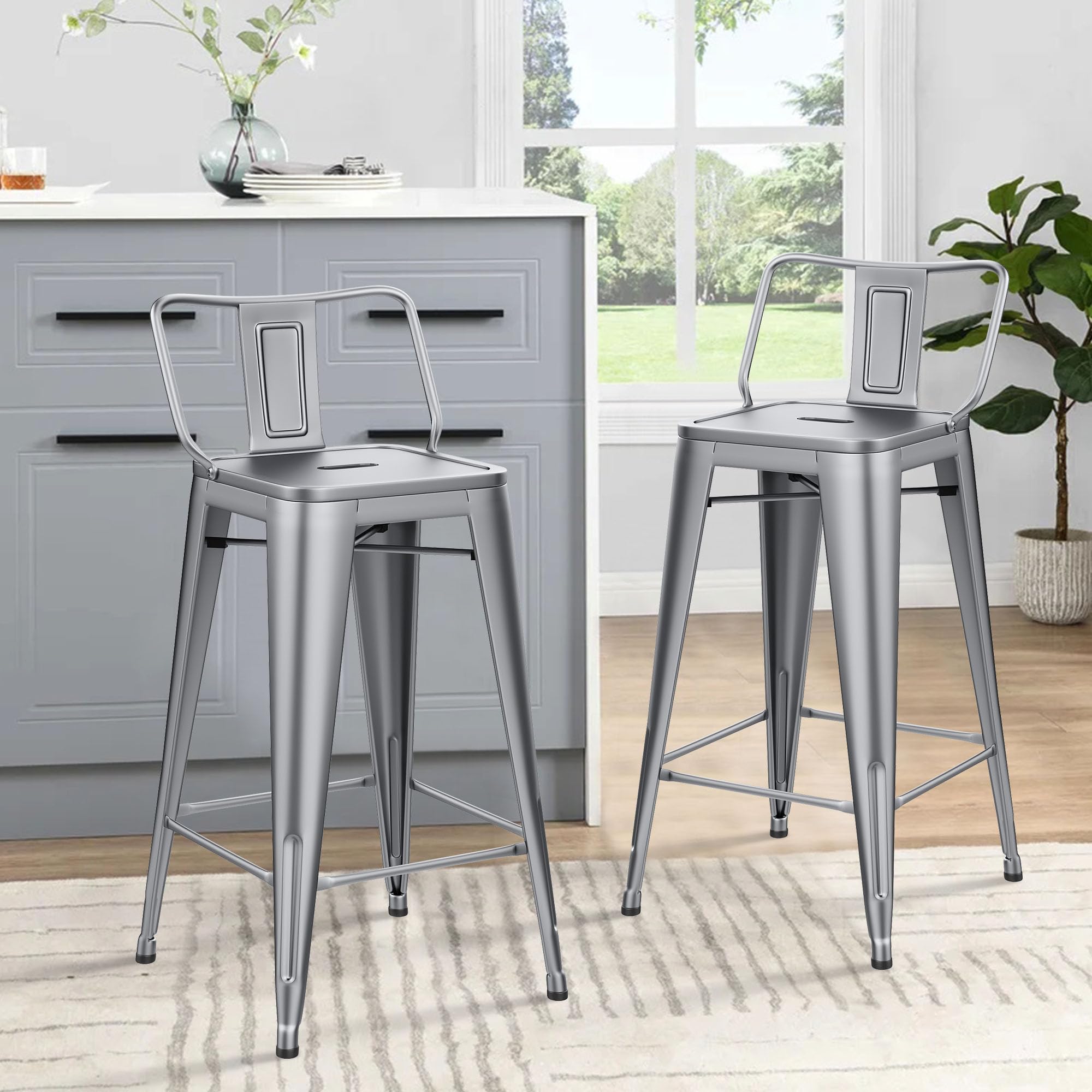 HAOBO Home Metal Bar Stools Set of 2 Low Back Counter Height Barstools 24" Industrial Barstool Patio Stool Metal Kitchen Stools Bar Chairs for Indoor Outdoor