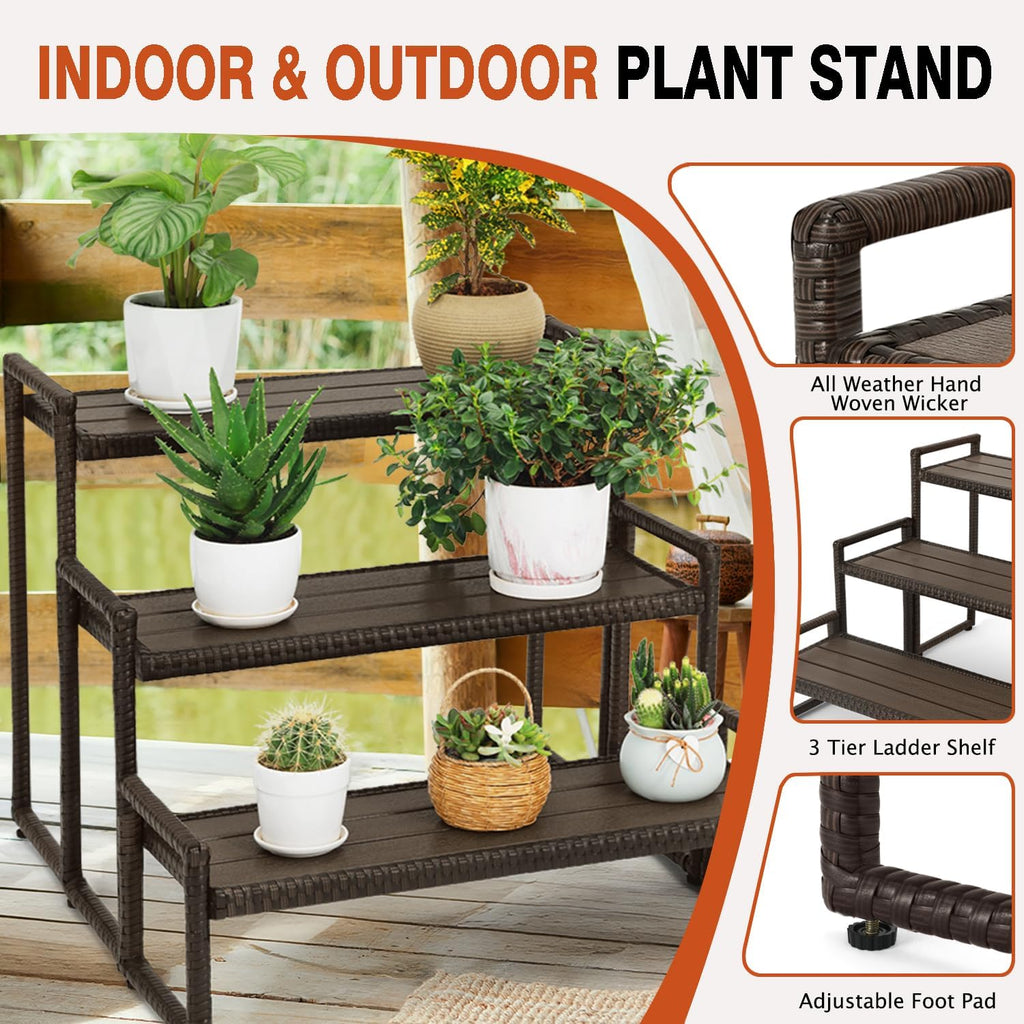 Outdoor Plant Stand 3 Tier Shelf for Patio Flower Pot Planter Stand Holder with Wicker Poly Lumber Shelves Multiple Tall Tiered Plant Display Rack with Adjustable Feet Heavy Duty Stackable Brown