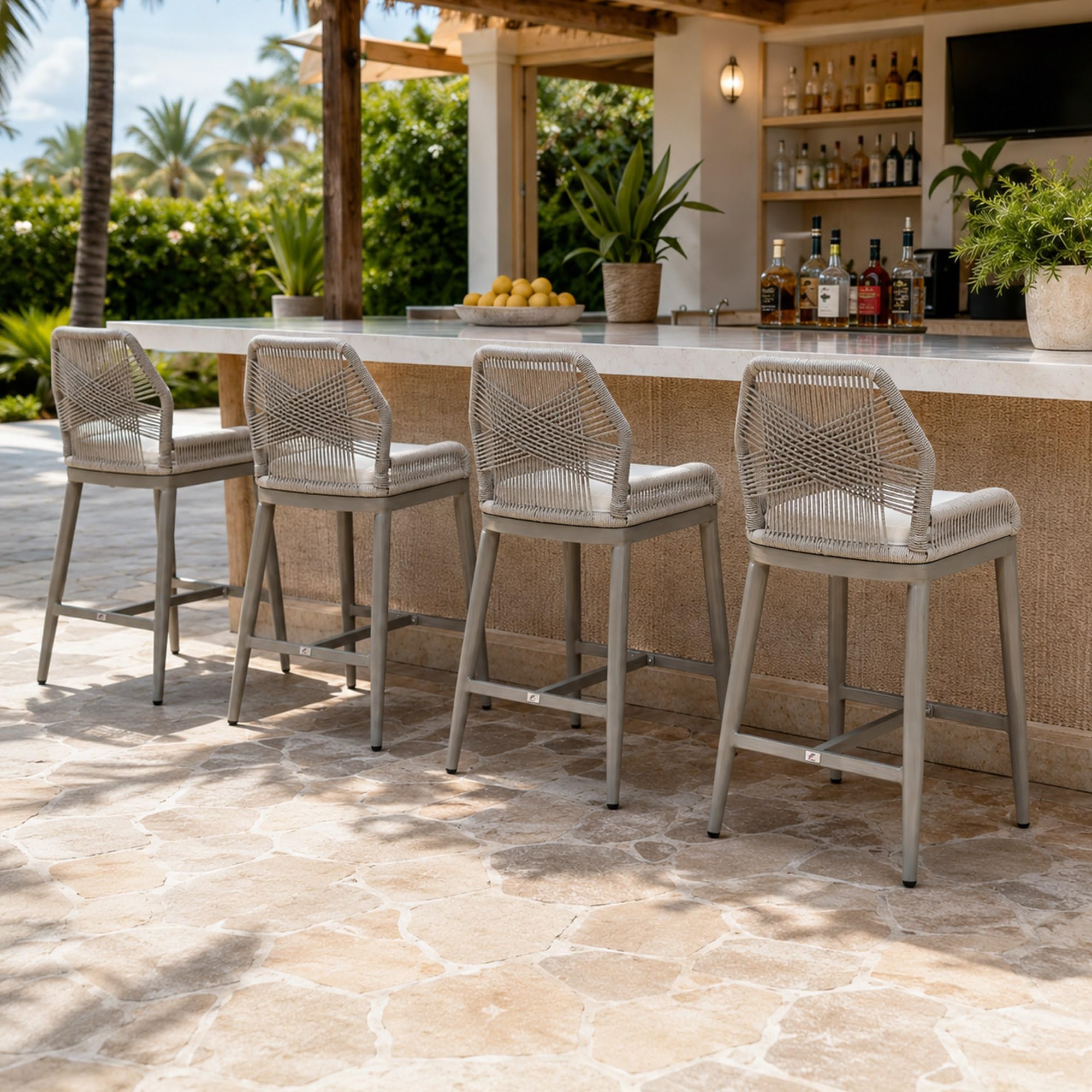 PURPLE LEAF Patio Counter Height Bar Stools 24" H Set of 2 Modern Rattan Bar Chairs Aluminum Stool Outdoor Wicker Barstools with Back and Cushion for Garden Kitchen Island