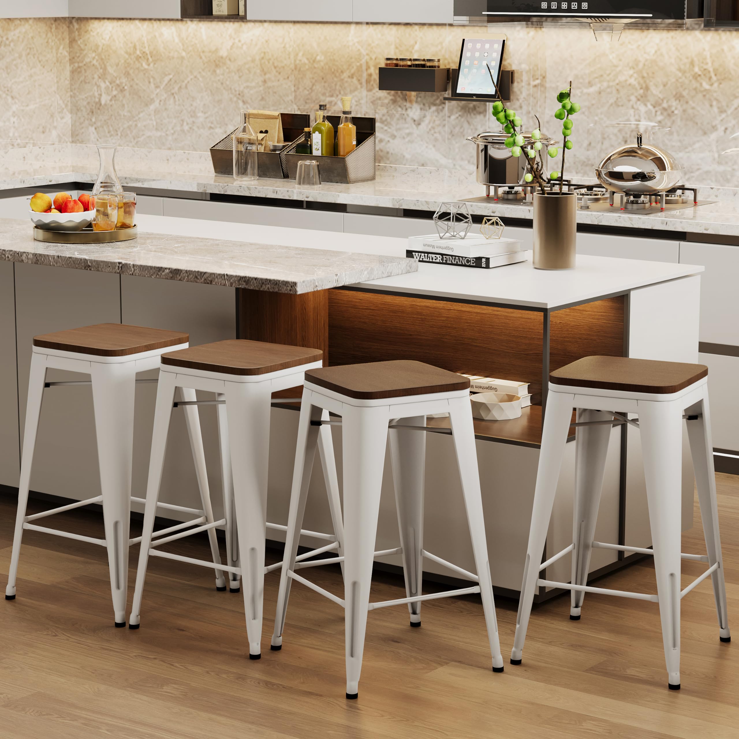 Alunaune 26" Metal Counter Height Bar Stools Set of 4 Backless Stackable Industrial Kitchen Patio Stool Bar Chairs with Wooden Seat-Rusty