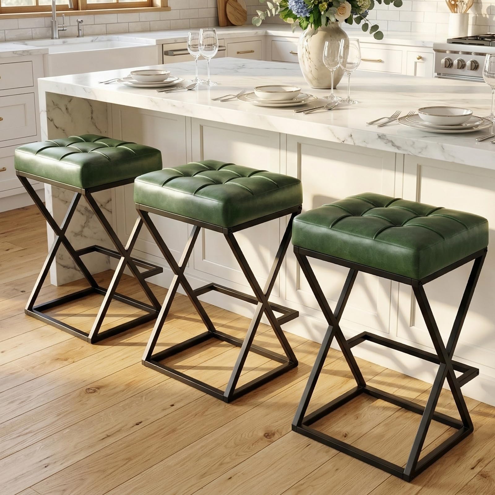 2 Pack Walnut Brown Faux Leather Backless Counter Stools with Metal X Frame Legs