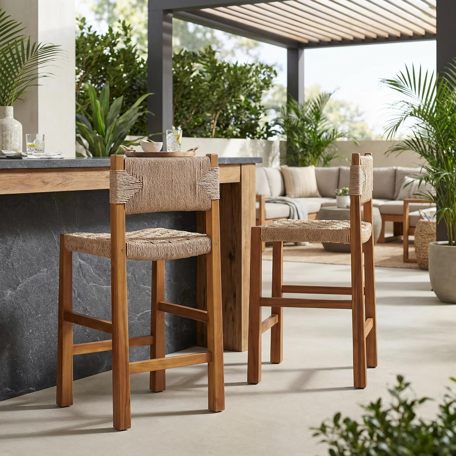 Christopher Knight Home 2-Pack Outdoor Counter Height Bar Stools with Backrest, Acacia Wood Frame Woven Wicker, 28" Patio Bar Chairs with Teak Finish for Deck Balcony Outdoor Bar Table, Light Brown