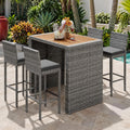 5 Piece Outdoor Bar Set with Acacia Wood Table Top, Gray Wicker Bar Height Table and Chairs with Cushions, Patio High Top Dining Set for 4, for Poolside Backyard Balcony
