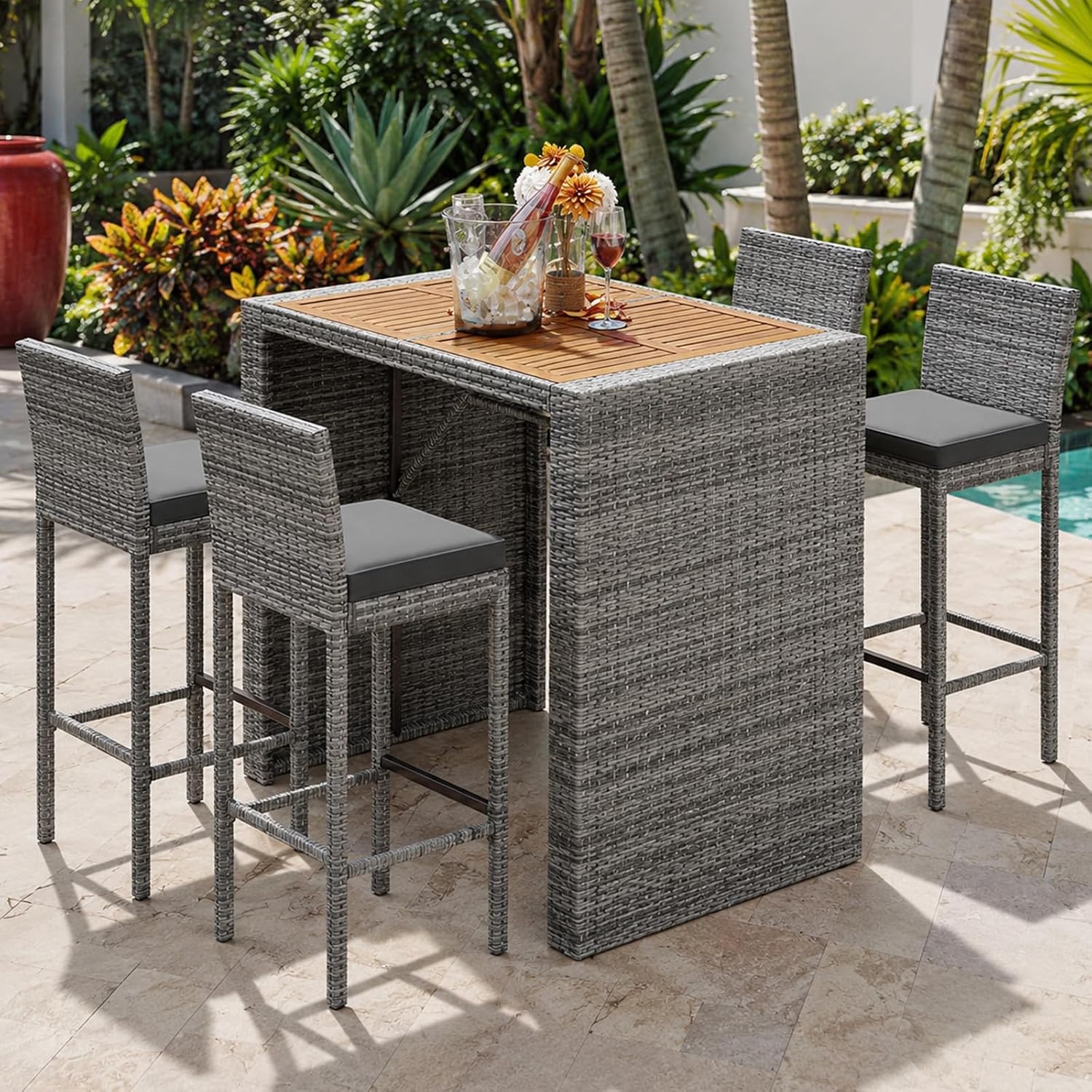 5 Piece Outdoor Bar Set with Acacia Wood Table Top, Gray Wicker Bar Height Table and Chairs with Cushions, Patio High Top Dining Set for 4, for Poolside Backyard Balcony