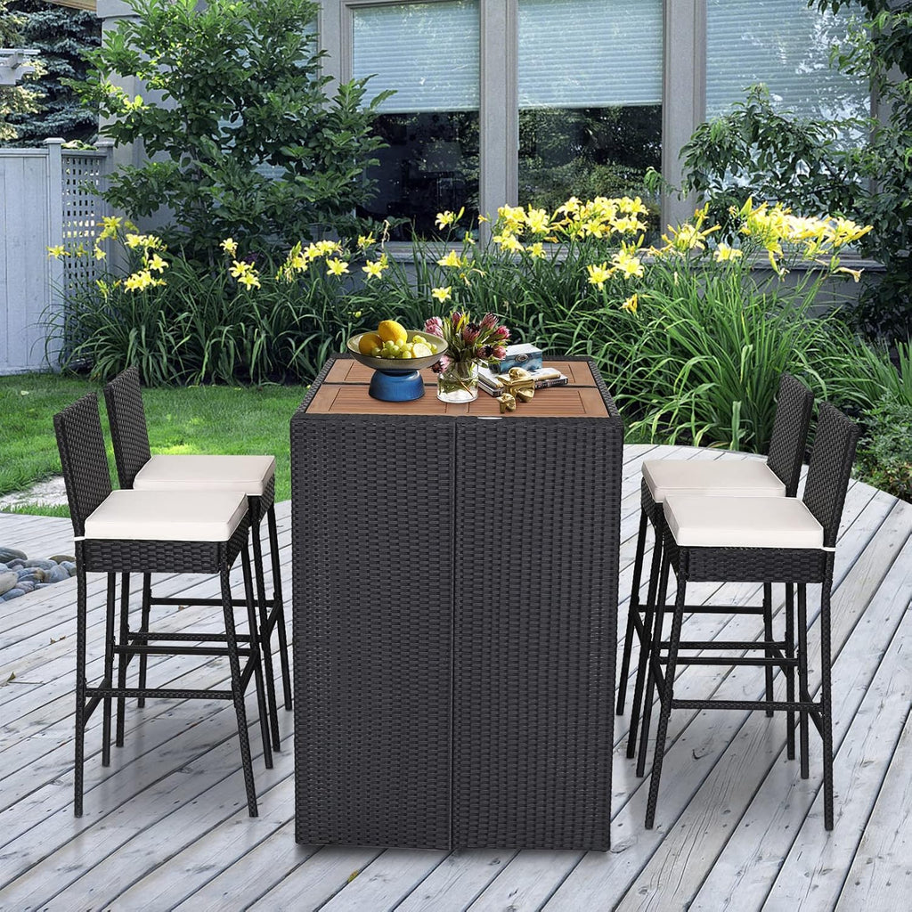 Tangkula 5 Piece Patio Wicker Bar Set, Patiojoy Outdoor Acacia Wood Bar Height Table & 4 Rattan Bar Stool Chairs with Backrest and Footrest, Outdoor Dining Bistro Set