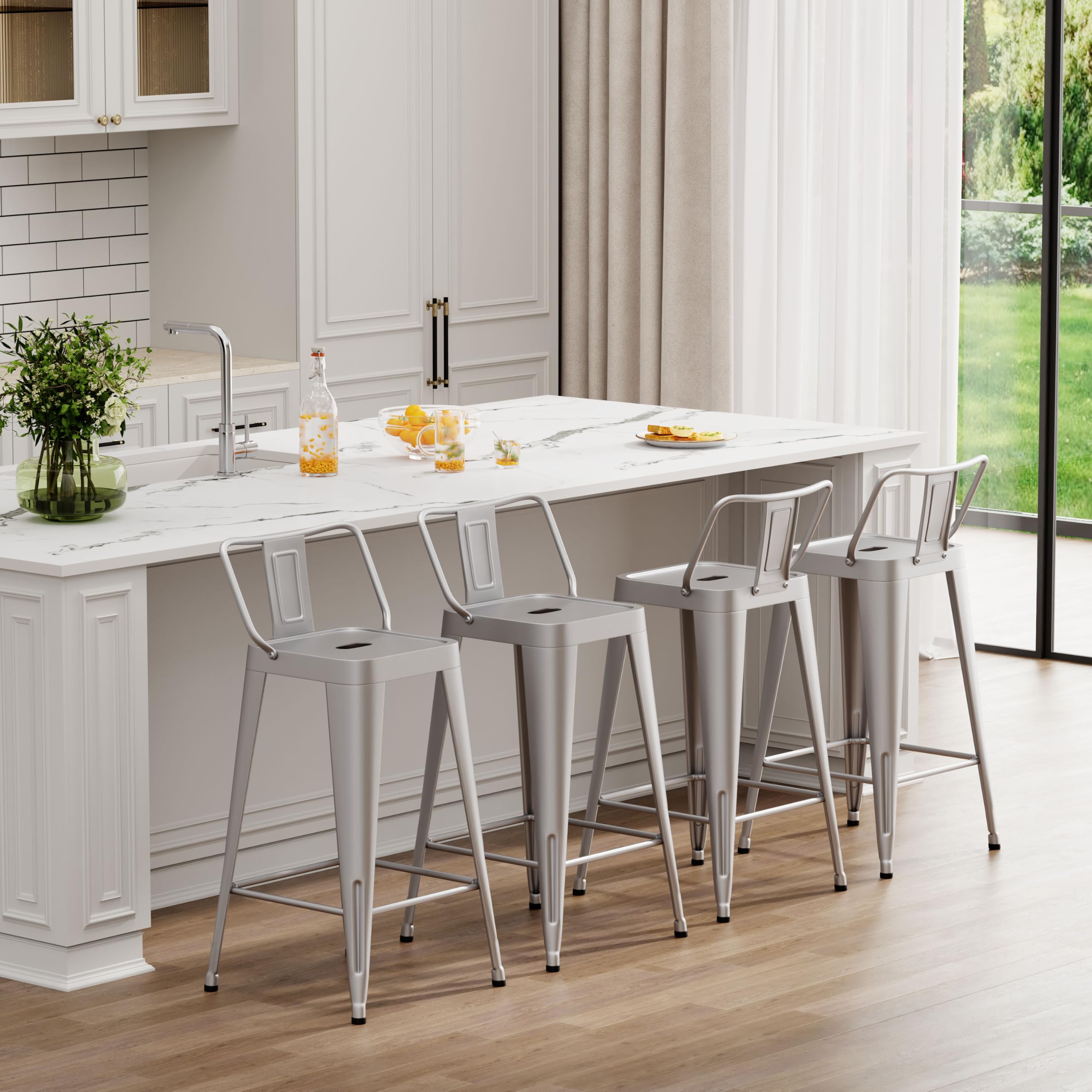 Metal Bar Stools Set of 4 Barstools Indoor/Outdoor Counter Height Bar Stools Bar Chairs with Back 24" Counter Height for Kitchen Island Dining Room (Black, 24inch)