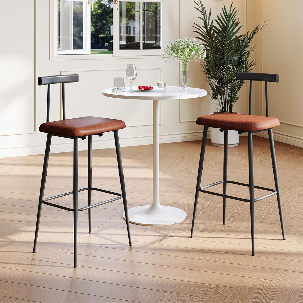 Bar Stools set of 2, Tall Bar Stools with Backrest and Footrest, Counter Height Bar Chairs, Industrial Barstools with PU Leather Cushion, for Kitchen, Dining Room, Bar, Cafe (Rustic Brown)KBS515R