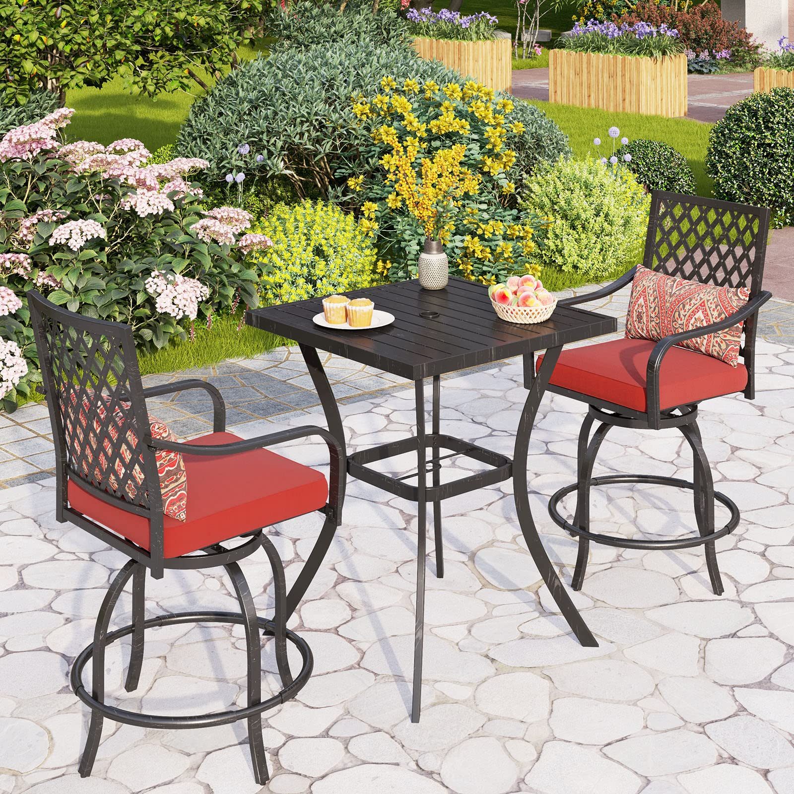 PHI VILLA 7 Piece Outdoor Bar Set, Counter Height Patio Bar Furniture Rectangle Dining Table and 6 Swivel Bar Stools Chairs with Brown Textilene Fabric for Garden,Yard and Deck