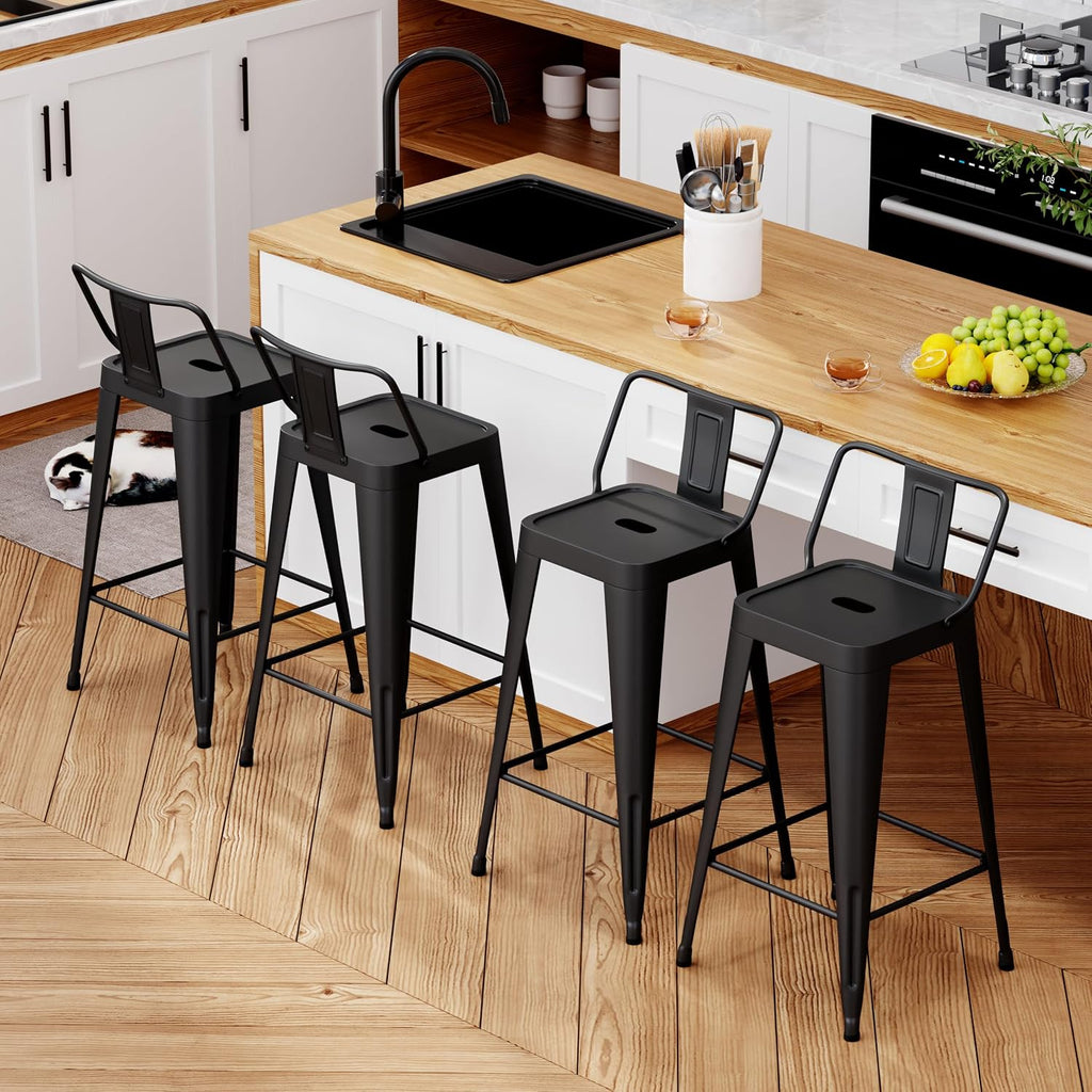 Metal Bar Stools Set of 4 Barstools Indoor/Outdoor Counter Height Bar Stools Bar Chairs with Back 24" Counter Height for Kitchen Island Dining Room (Black, 24inch)