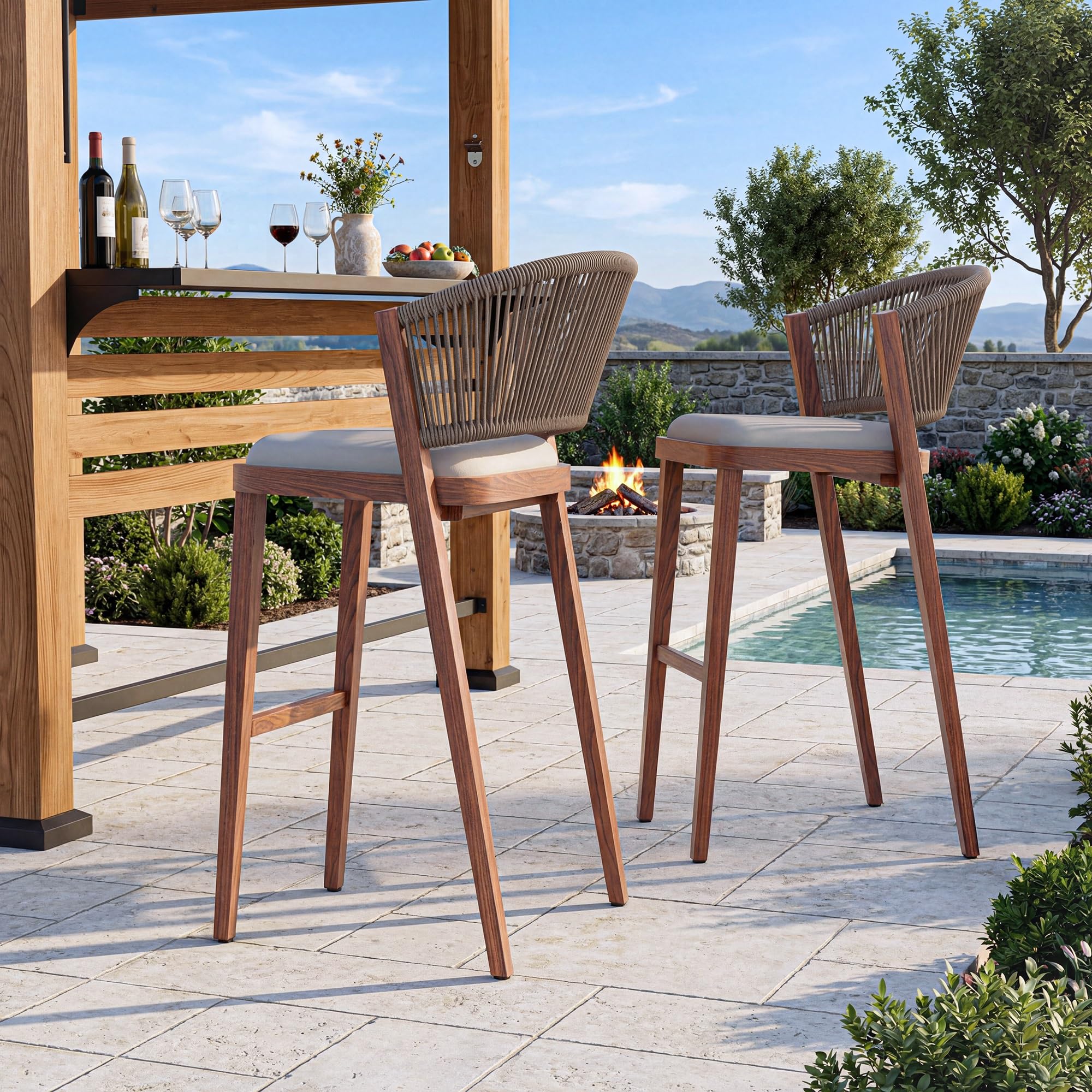 Modern Shade Chatham Outdoor Counter Height Bar Stool Set of 2 with Rope Woven Backrest, Wood Grain Aluminum Frame & Cushioned Seat, Modern Counter Height Bar Stool for Patio, Kitchen & Home Bar