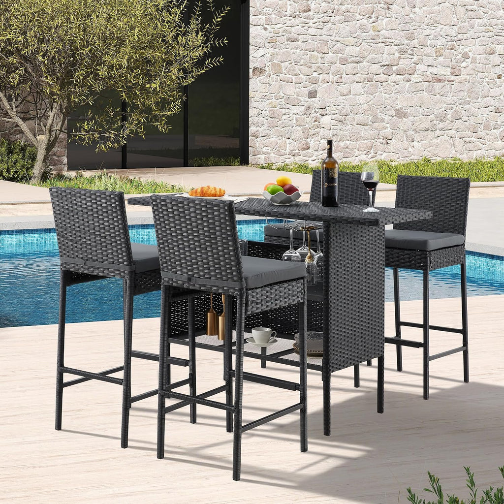 ECOTOUGE Bar Height Patio Set(Wicker Patio Stools & Smooth Top Table), Patio Bar Table and Chairs Set with Removable Cushion for Poolside (Black, 5 Set)