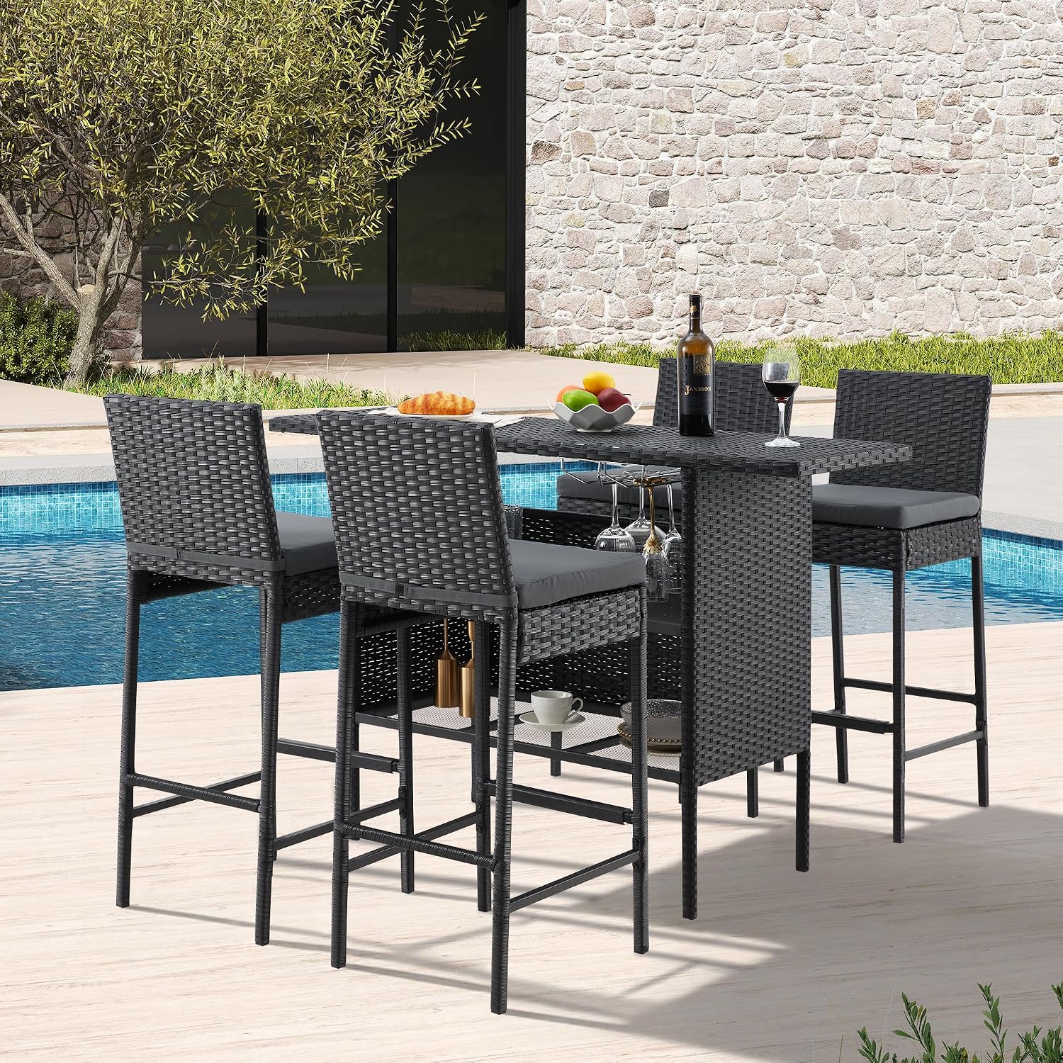 ECOTOUGE Bar Height Patio Set(Wicker Patio Stools & Smooth Top Table), Patio Bar Table and Chairs Set with Removable Cushion for Poolside (Black, 5 Set)