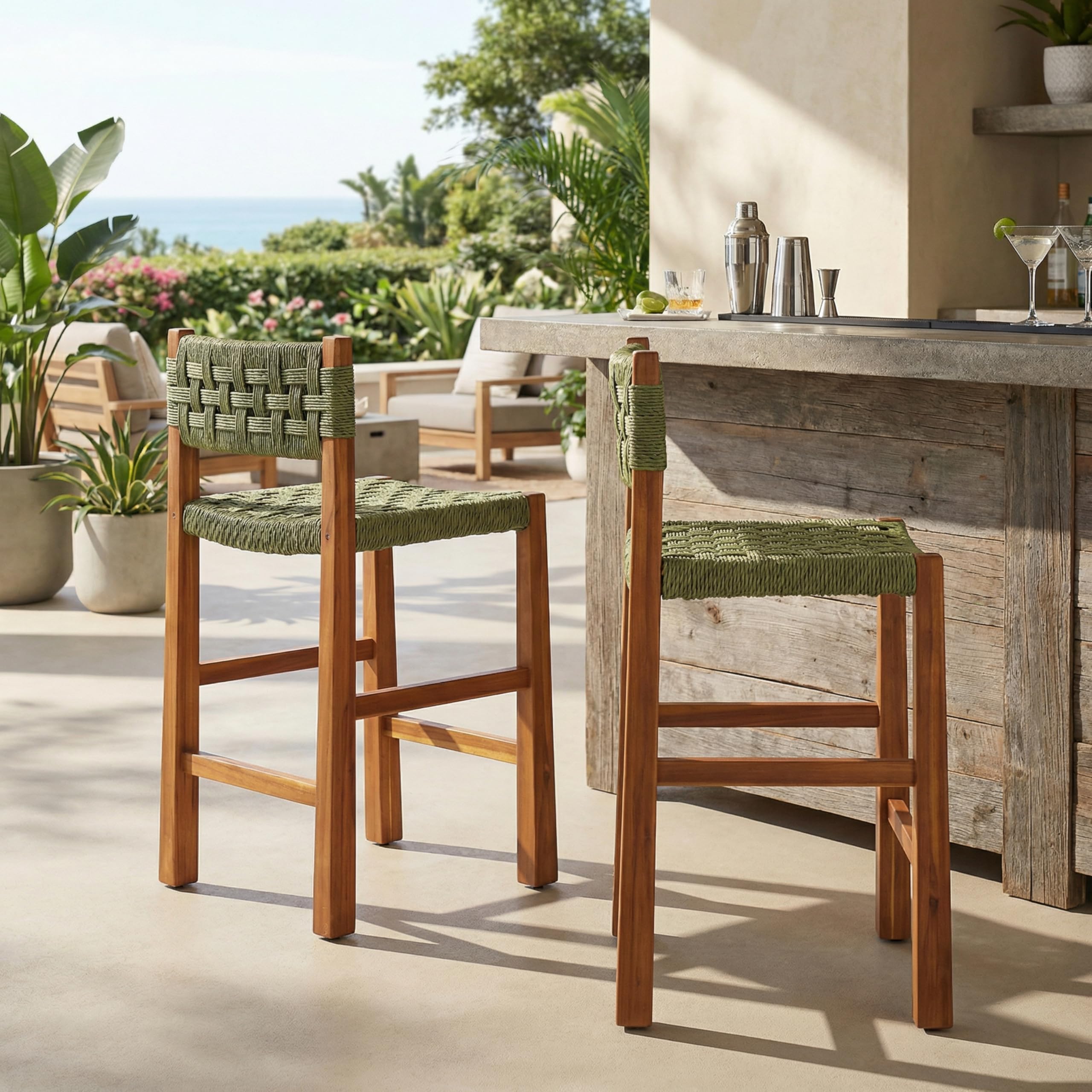 Christopher Knight Home 2-Pack Outdoor Counter Height Bar Stools with Backrest, Acacia Wood Frame Woven Wicker, 28" Patio Bar Chairs with Teak Finish for Deck Balcony Outdoor Bar Table, Light Brown