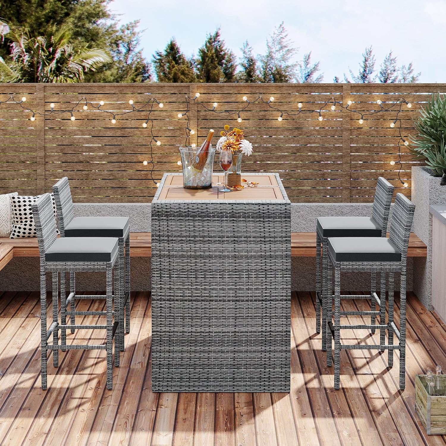 Merax 5 Pieces Outdoor Patio Wicker Bar Set, 4 Bar Height Chairs with Nonslip Feet and Gray Removable Cushion, Dining Table with Brown Acacia Wood Top and Gray Wicker