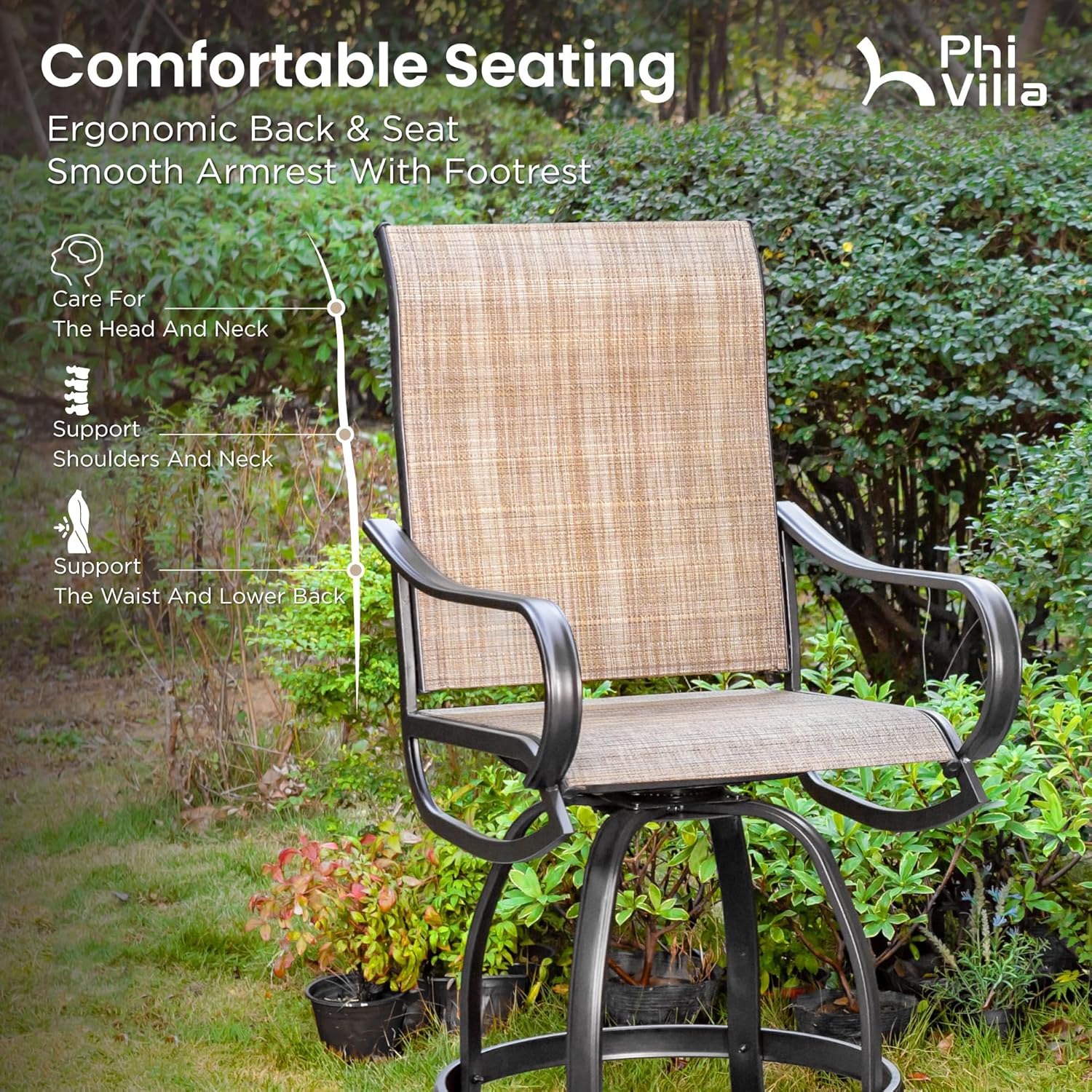PHI VILLA 7 Piece Outdoor Bar Set, Counter Height Patio Bar Furniture Rectangle Dining Table and 6 Swivel Bar Stools Chairs with Brown Textilene Fabric for Garden,Yard and Deck