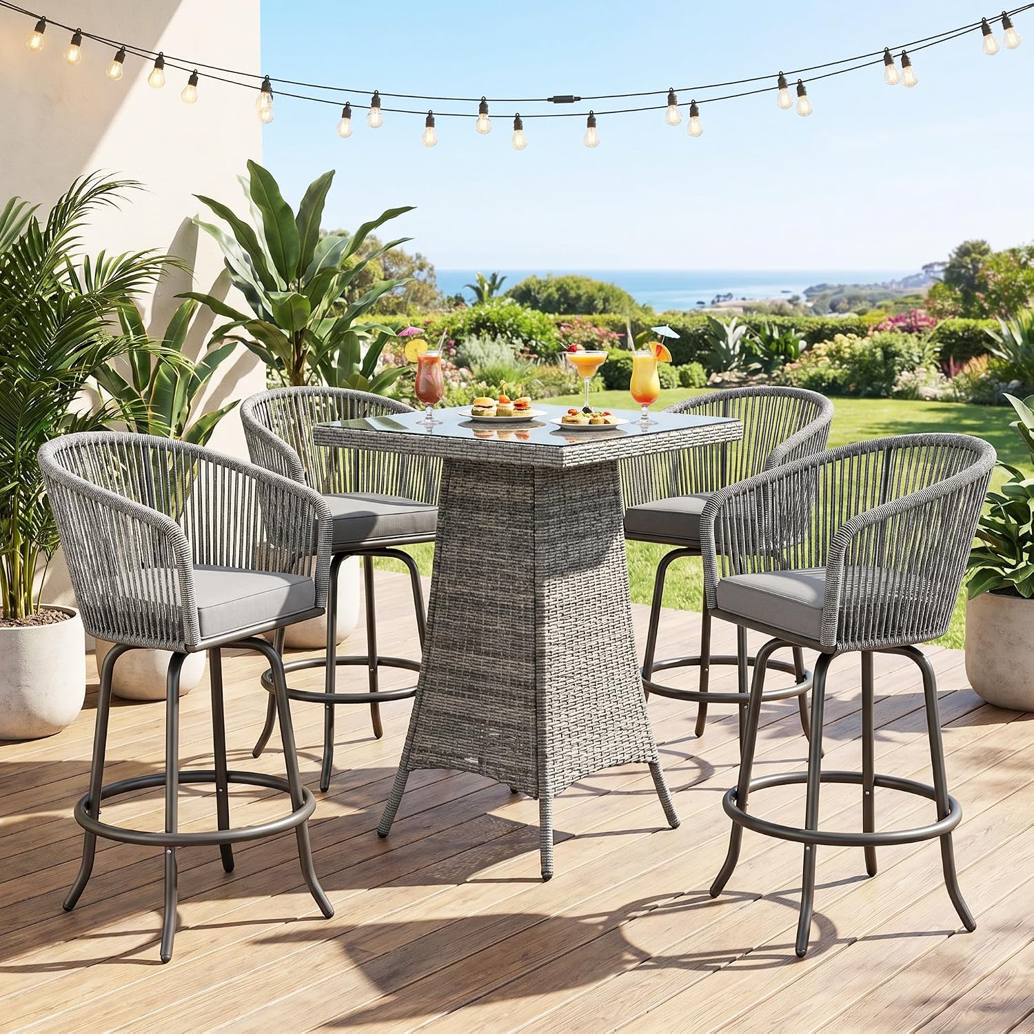 YITAHOME 27" Bar Stools Set of 2 with Arms & Cushions, 360° Swivel Outdoor Bar Stools, All Weather Counter Height Bar Stools Set of 2 with Curved Back for Backyard, Kitchen Island, Dining Room, Gray