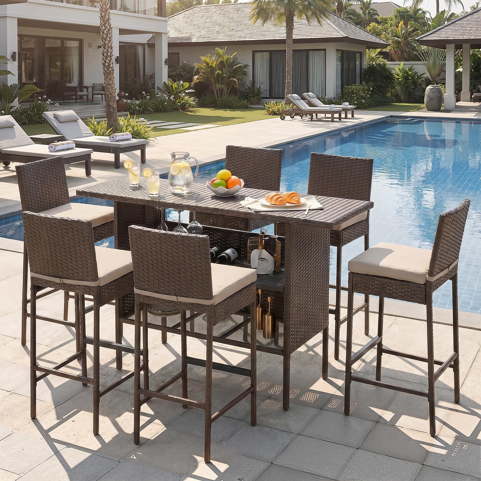 ECOTOUGE Bar Height Patio Set(Wicker Patio Stools & Smooth Top Table), Patio Bar Table and Chairs Set with Removable Cushion for Poolside (Black, 5 Set)