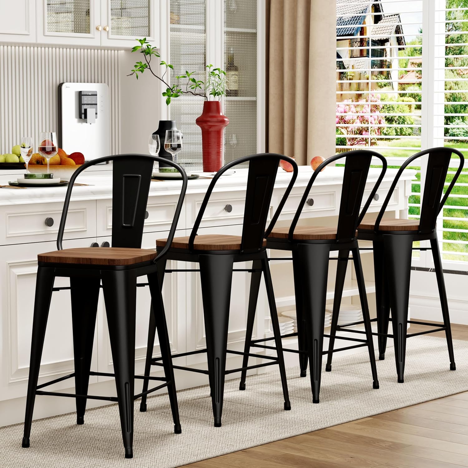 Aklaus Metal Bar Stools Set of 4,24 inch Barstools Counter Height BarStools with Backs Farmhouse Bar Stools with Larger seat High Back Kitchen Dining Chairs Modern Bar Chairs Matte Black Stool