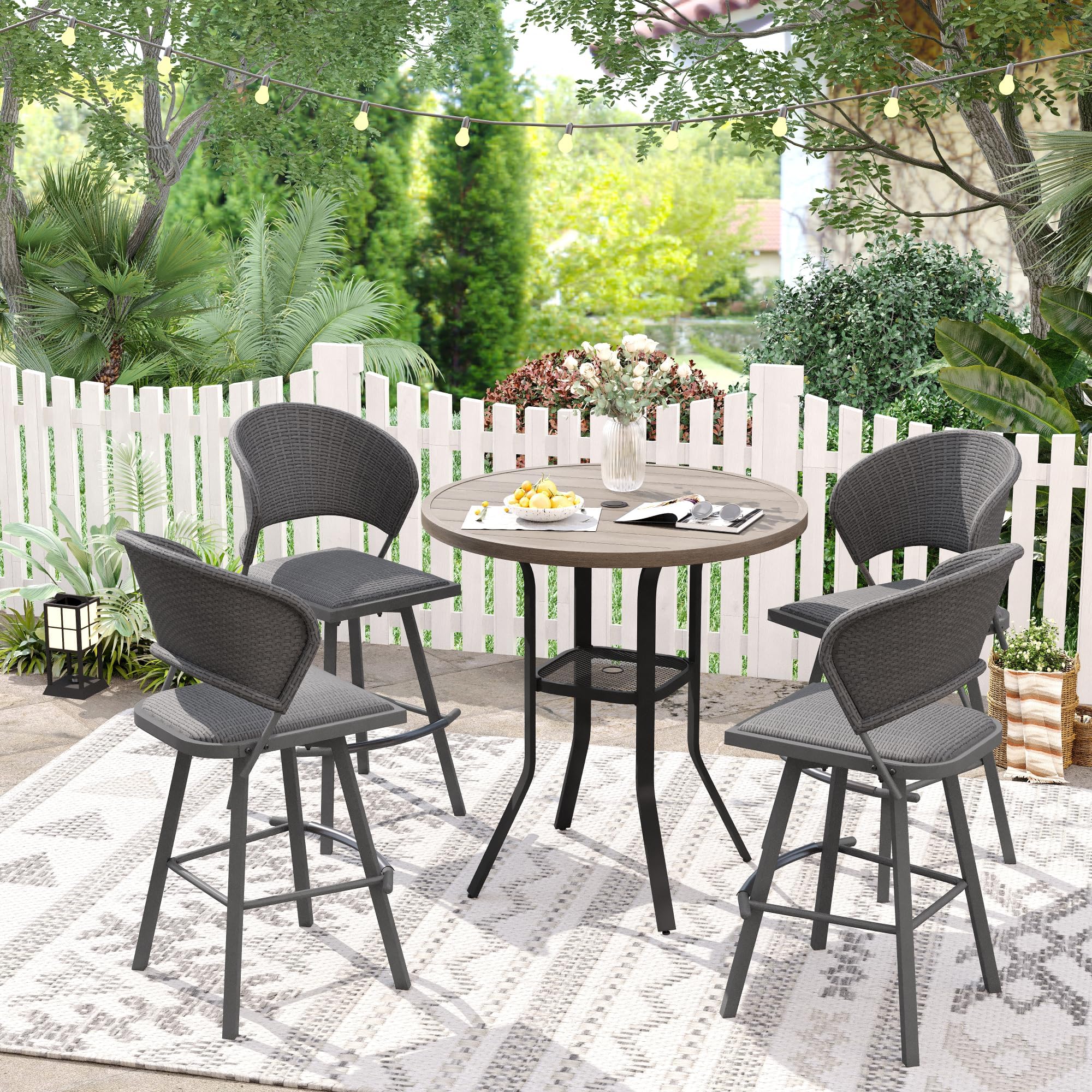 VICLLAX Patio 5 Pieces Outdoor Long Bar Set, Dining Pub Set with 41" Rectangle Bar Height Table and 2 Swivel Rattan Chairs for Lawn, Garden, Poolside, Grey
