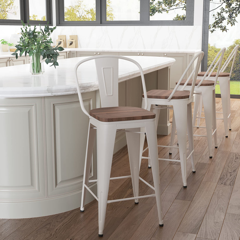 Aklaus Metal Bar Stools Set of 4,24 inch Barstools Counter Height BarStools with Backs Farmhouse Bar Stools with Larger seat High Back Kitchen Dining Chairs Modern Bar Chairs Matte Black Stool