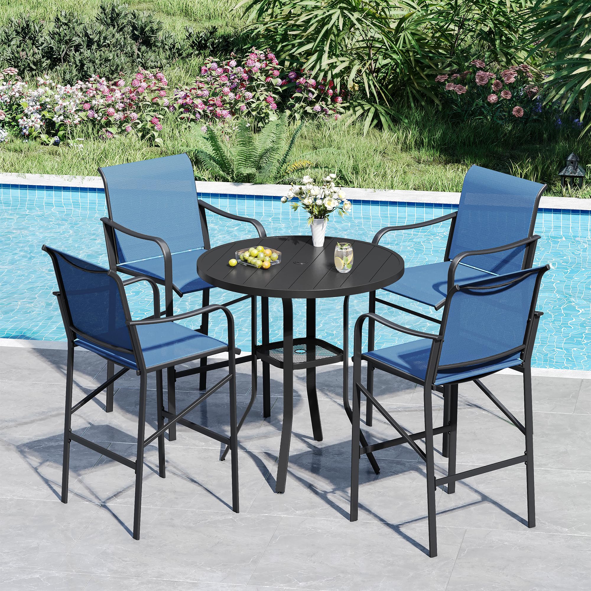 VICLLAX Patio 5 Pieces Outdoor Long Bar Set, Dining Pub Set with 41" Rectangle Bar Height Table and 2 Swivel Rattan Chairs for Lawn, Garden, Poolside, Grey