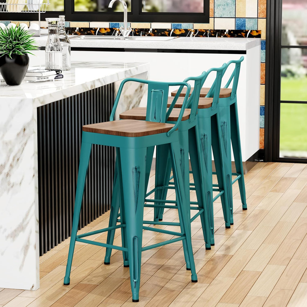 Alunaune 26" Metal Bar Stools Set of 4 Industrial Counter Height Barstools Kitchen Counter Stool Modern Wood Seat-Distressed Teal