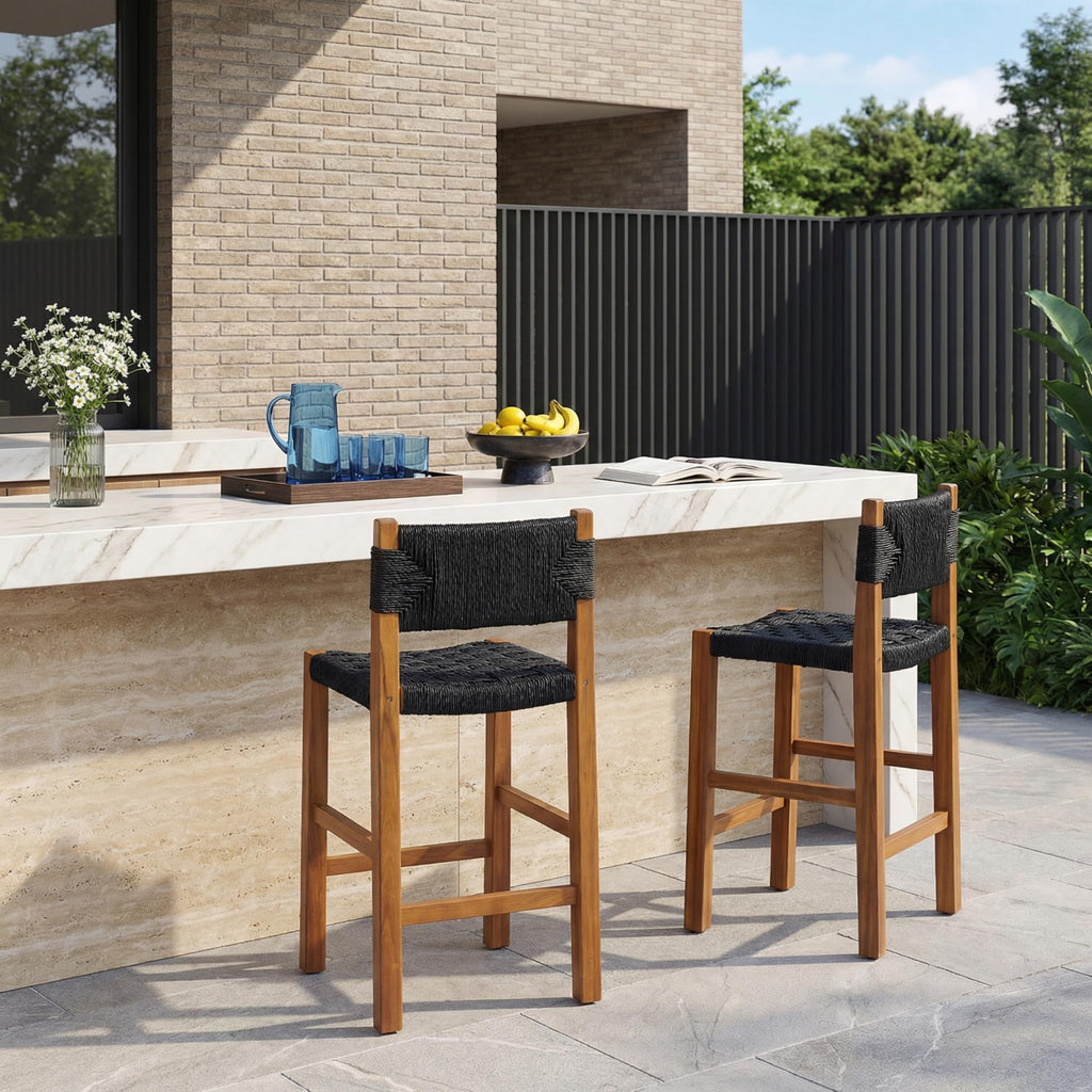 Christopher Knight Home 2-Pack Outdoor Counter Height Bar Stools with Backrest, Acacia Wood Frame Woven Wicker, 28" Patio Bar Chairs with Teak Finish for Deck Balcony Outdoor Bar Table, Light Brown