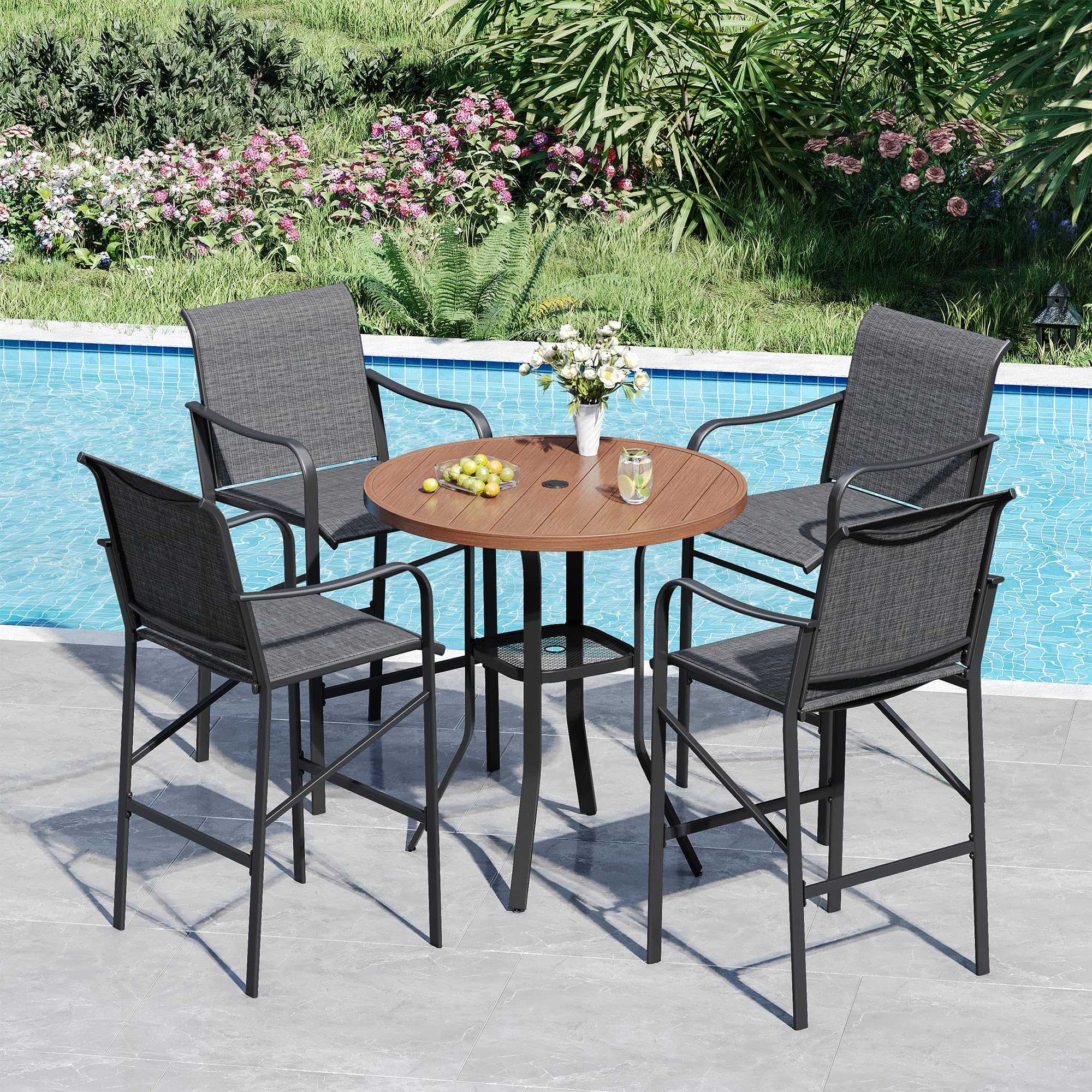 VICLLAX Patio 5 Pieces Outdoor Long Bar Set, Dining Pub Set with 41" Rectangle Bar Height Table and 2 Swivel Rattan Chairs for Lawn, Garden, Poolside, Grey