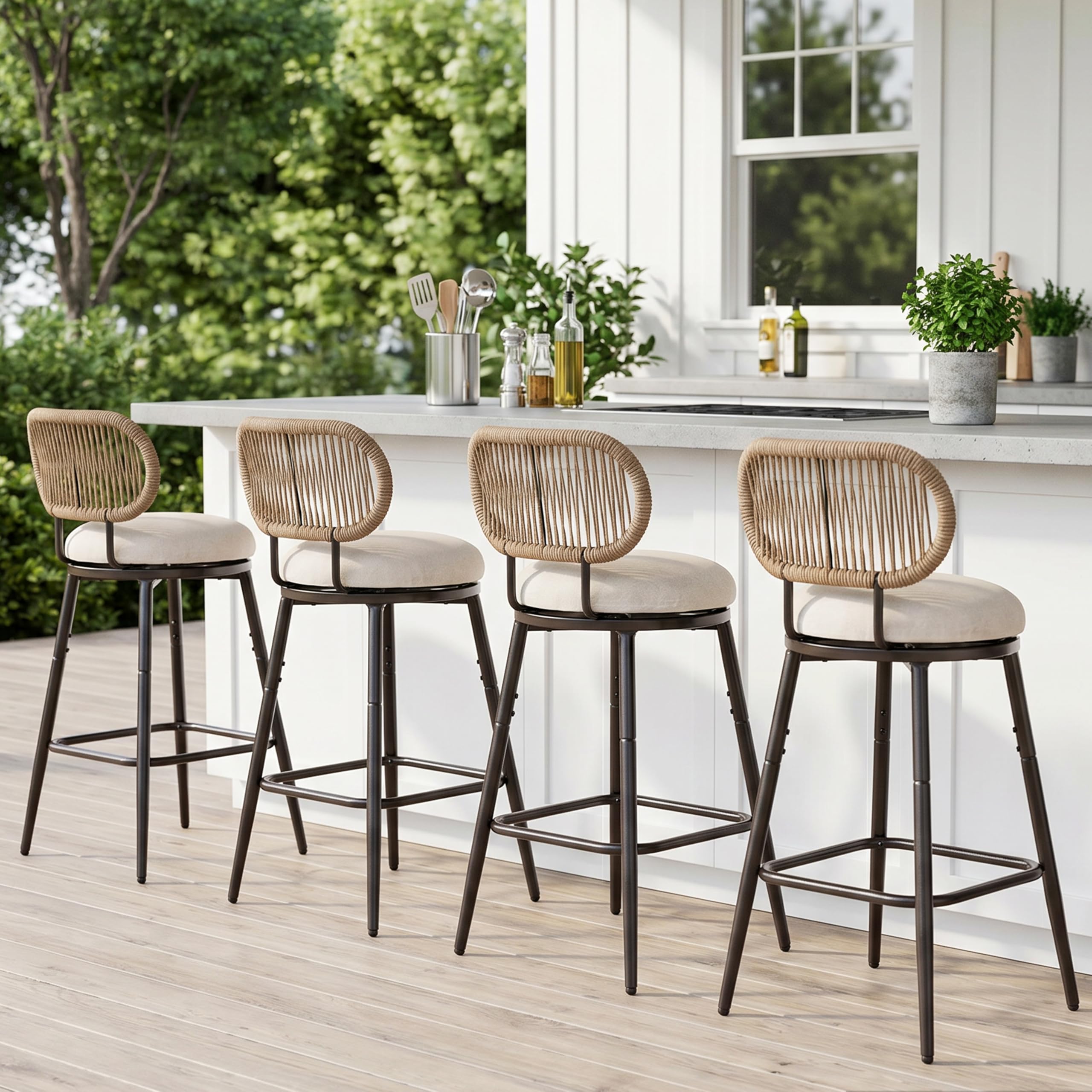 Outdoor Swivel Counter Bar Stools Set of 2, 360° Rope Counter Stools with Upholstered Seat, Metal Bar Chairs for Kitchen Island, Patio, Farmhouse, Boho, Beige